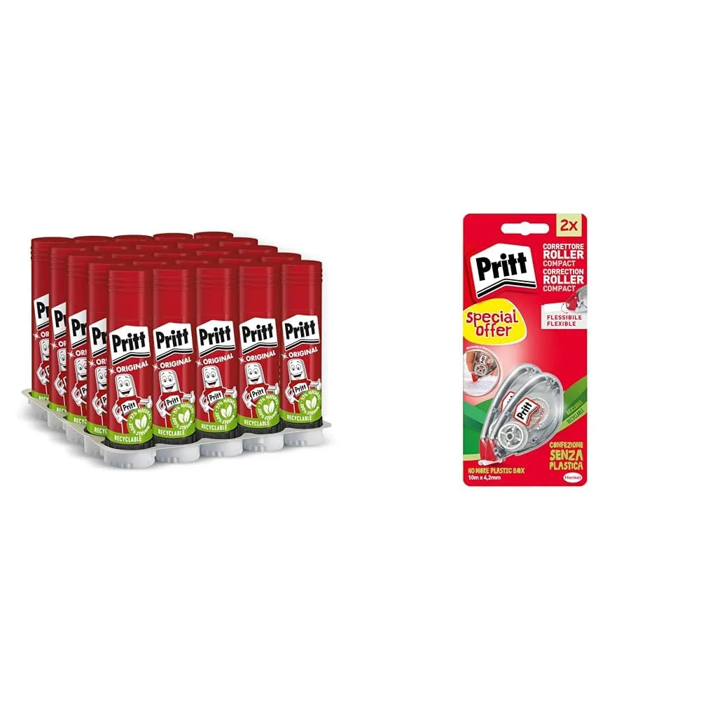 Bundle Pritt Colla Stick 25 x 11g, Colla per bambini sicura e affidabile, 25 stick x 11g & Pritt Flex Roller, Bianchetto a nastro per coprire ogni errore, Confezione da 2 (4.2mmx10m)