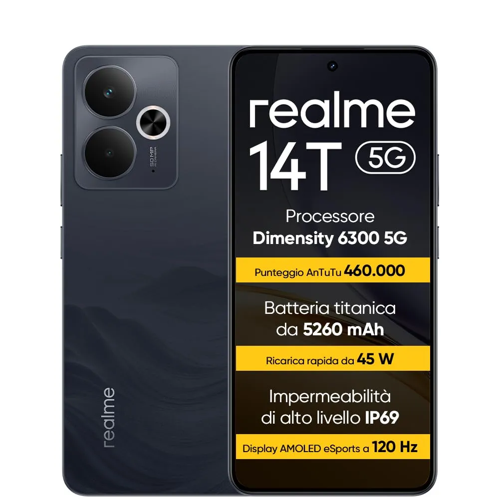 realme 14T 5G Smartphone 8+256 GB, Processore Dimensity 6300 5G, Batteria titanica da 5260 mAh, Ricarica rapida da 45 W, Display AMOLED eSports a 120 Hz, IP69, NFC, Nero