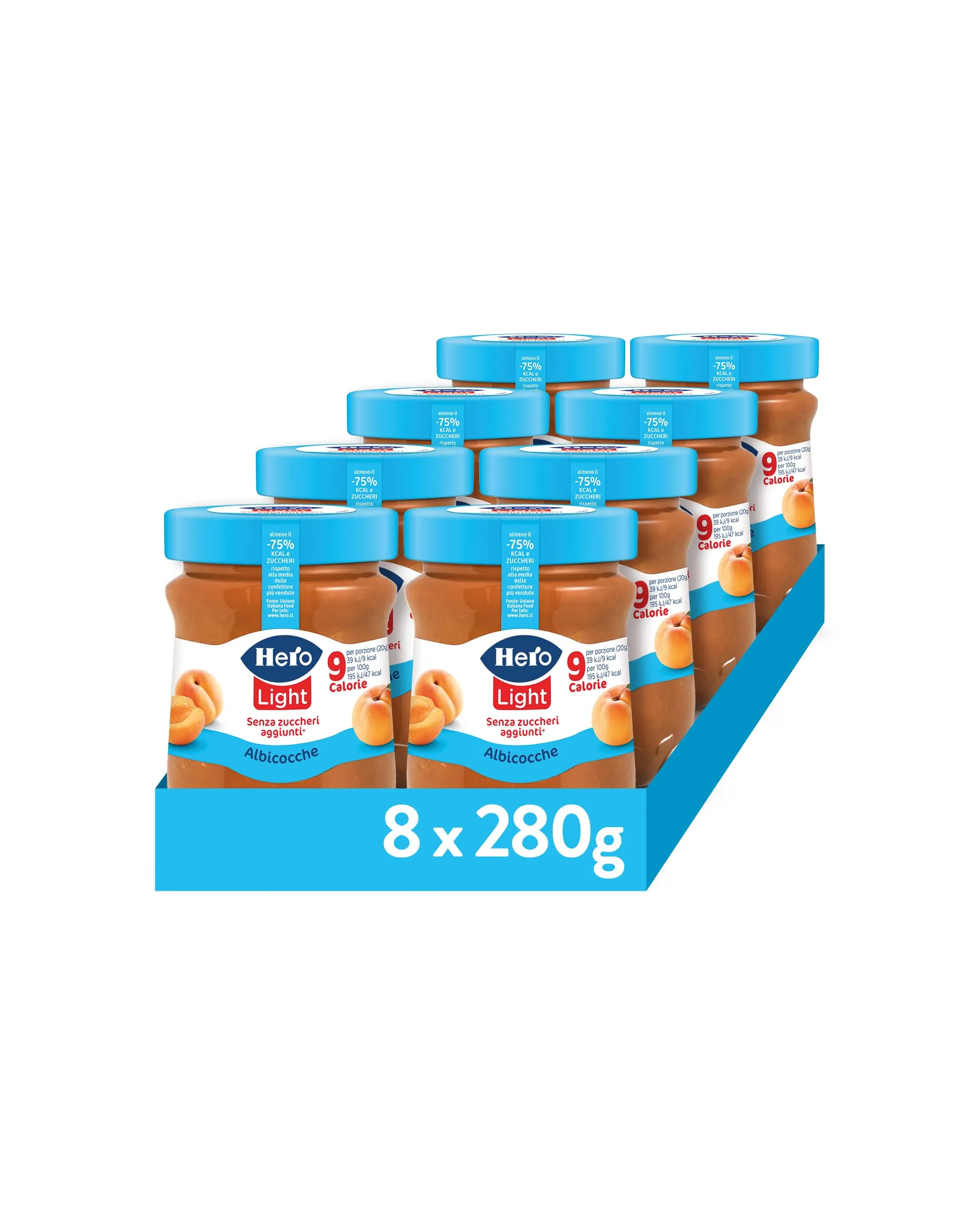 Hero Light Confettura di Albicocche Light, 8 Vasetti da 280 gr, Marmellata e Confettura Extra con Frutta di Alta Qualità, Senza Zuccheri aggiunti e Pochissime Calorie per Porzione