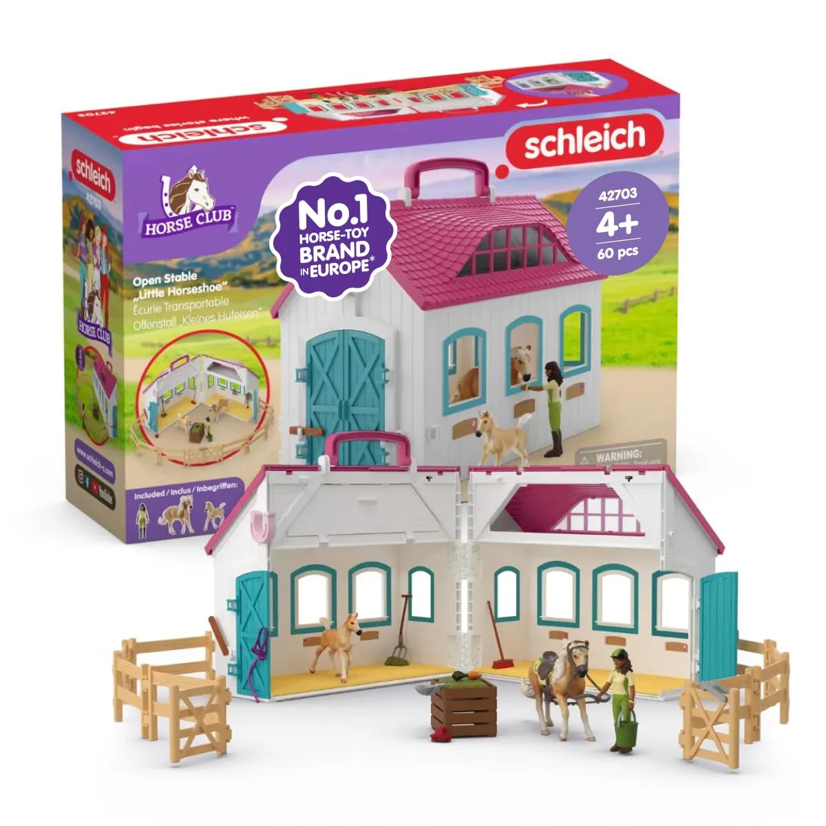 SCHLEICH Horse Club | Scuderia Portatile “Ferro di Cavallo” 42703 | Set con Scuderia, 2 Cavalli, Figura snodabile & Accessori | Regalo per Bambine e Bambini | Giocattolo dai 5 Anni | 60 Pezzi