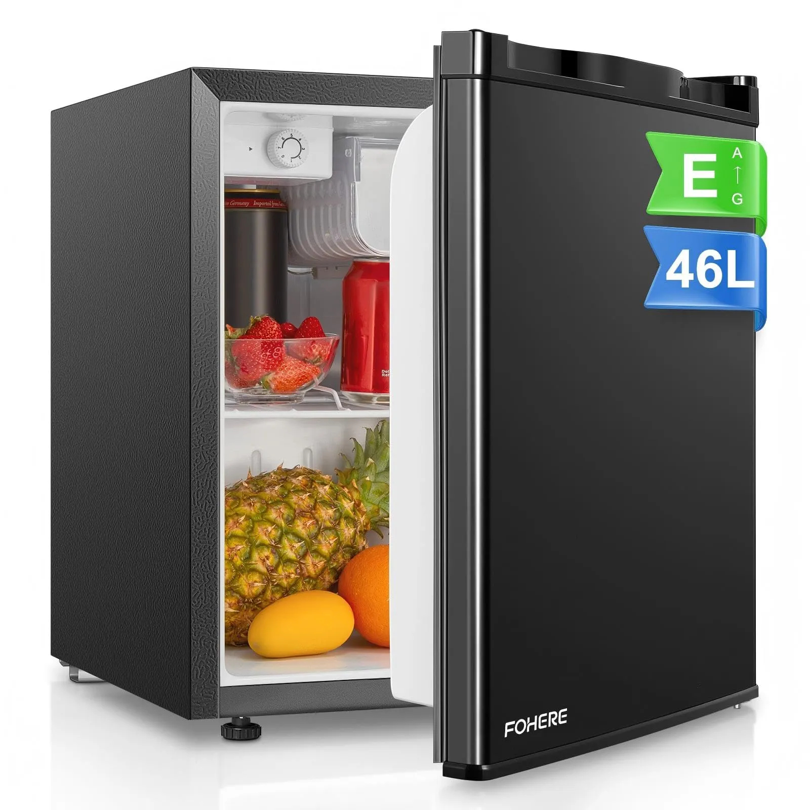 FOHERE Frigorifero Piccolo 46Litri, Mini Frigo Tavolo Monoporta, Termostato Regolabile, Silenzioso, Porta Reversibile, Adatto a casa, Appartamenti, ufficio e hotel, Nero