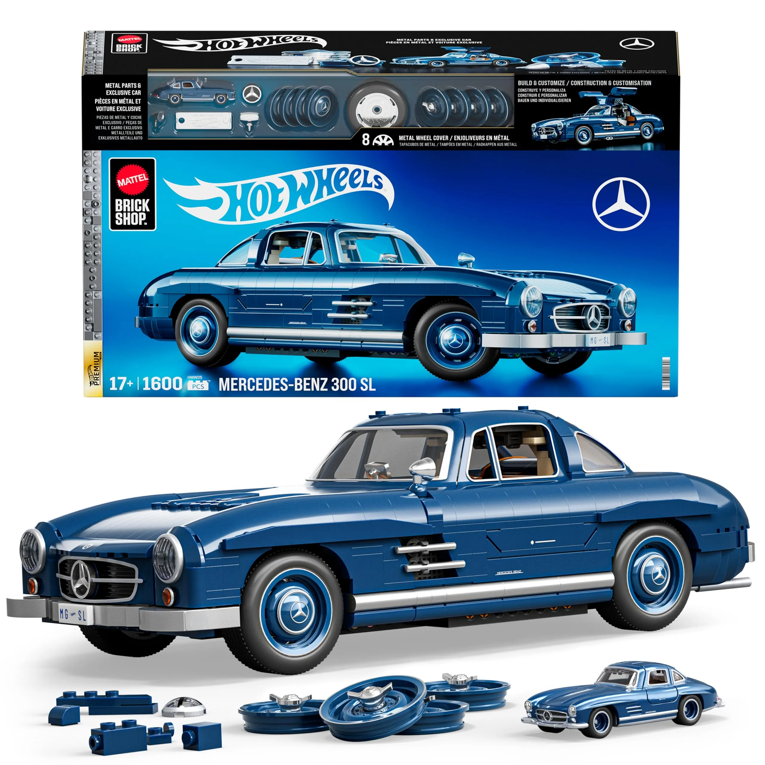 ​Mattel Brick Shop Hot Wheels Serie Premium set da costruire, Mercedes-Benz 300 SL con 1600 pezzi, dettagli realistici e parti in metallo, per collezionisti adulti, HWW25