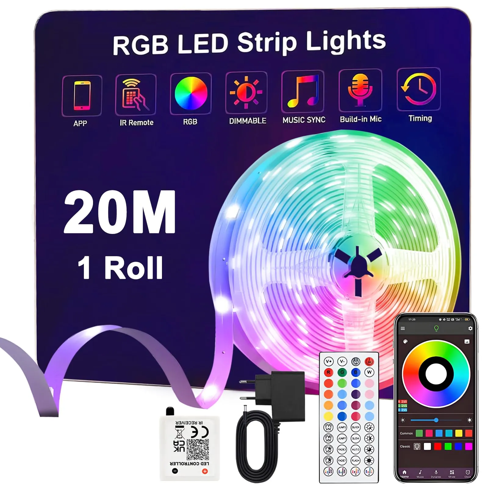 Anmossi Striscia LED 20 Metri,Strisce Led RGB con Bluetooth APP e Telecomando,Musica Sincronizza,Modalità Temporizzazione,la Adatto per Interni,Camera,Soggiorno,Feste e per la Decorazioni per la Casa