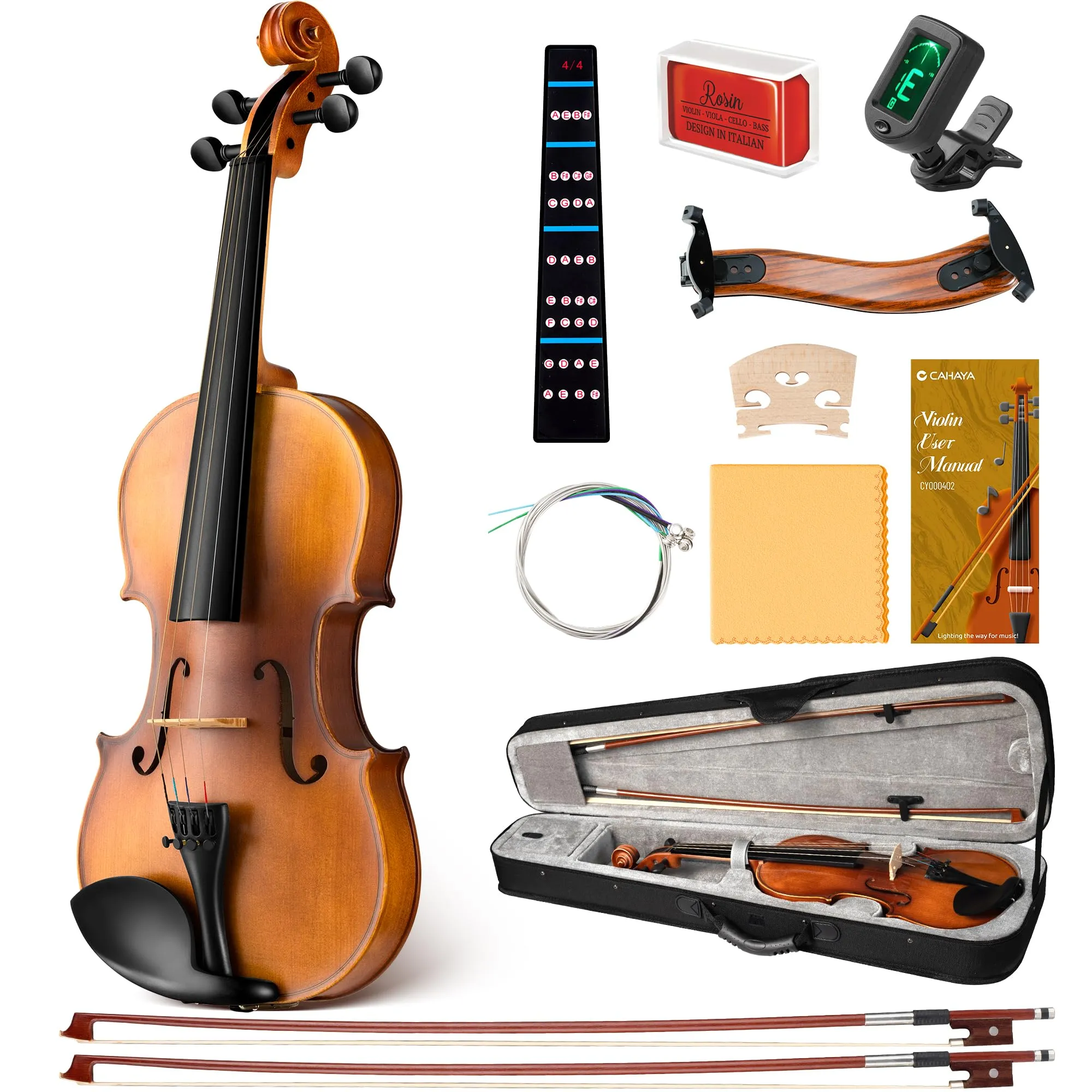 CAHAYA Set Violino in Legno Massello: Violino 4/4 Fatto a Mano con Finitura Opaca, Tavola in Abete e Fondo in Acero, Adatto per Adulti, Studenti e Bambini dai 12 Anni in Su, con Custodia e Accessori