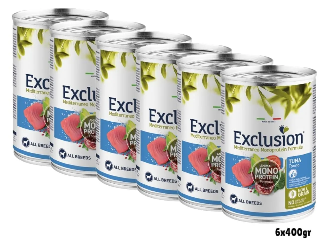 Exclusion Monoproteico All Breeds adult TONNO, alimento completo per cani adulti di tutte le taglie, monoproteico | 6 scatolette da 400 grammi l'una