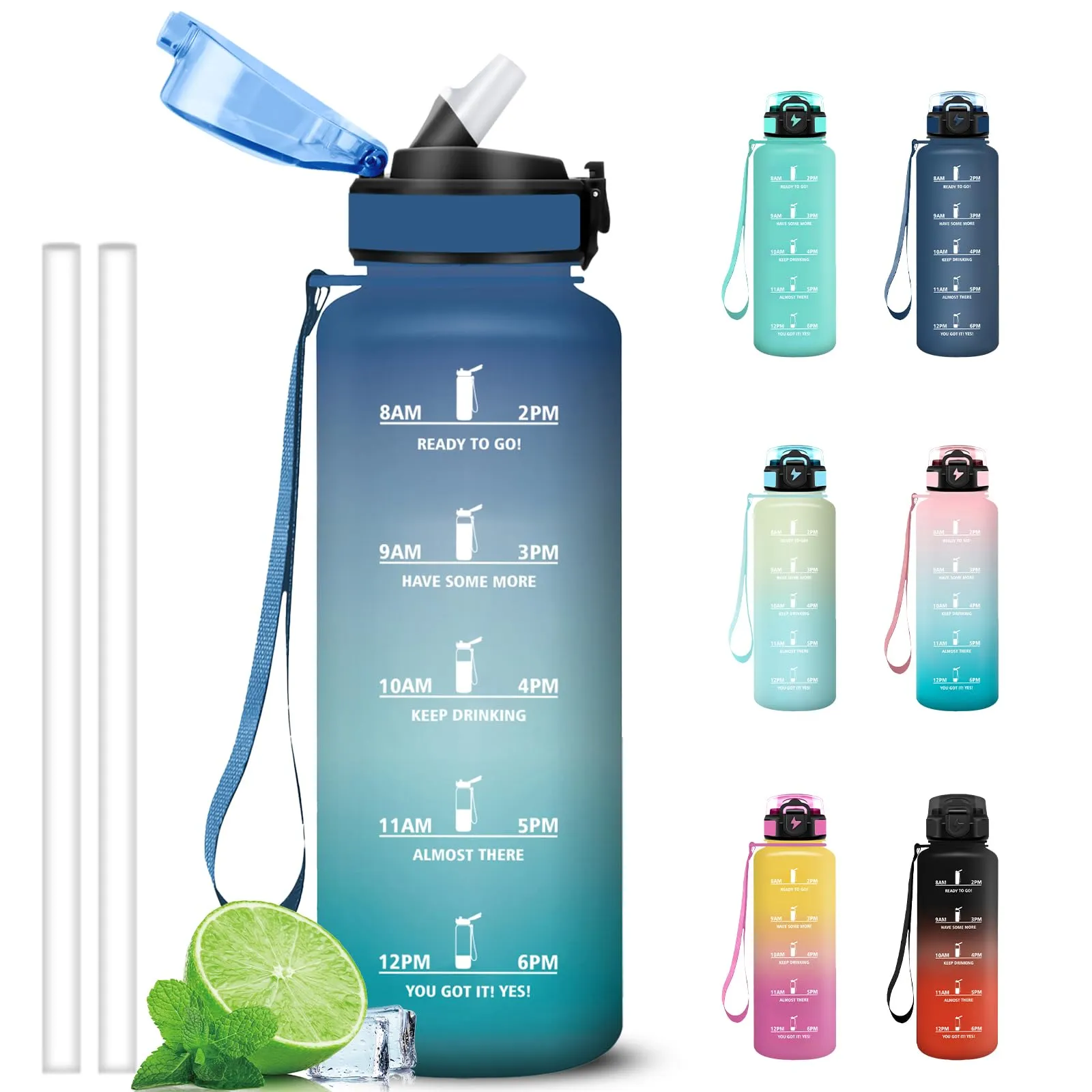 Grsta Borraccia 1,5 litri, Borraccia Palestra con Cannuccia, Borracce Graduata, Facile da Pulire, Bottiglia con Indicatore del Tempo Motivazionale per Sport, Outdoor, Trekking