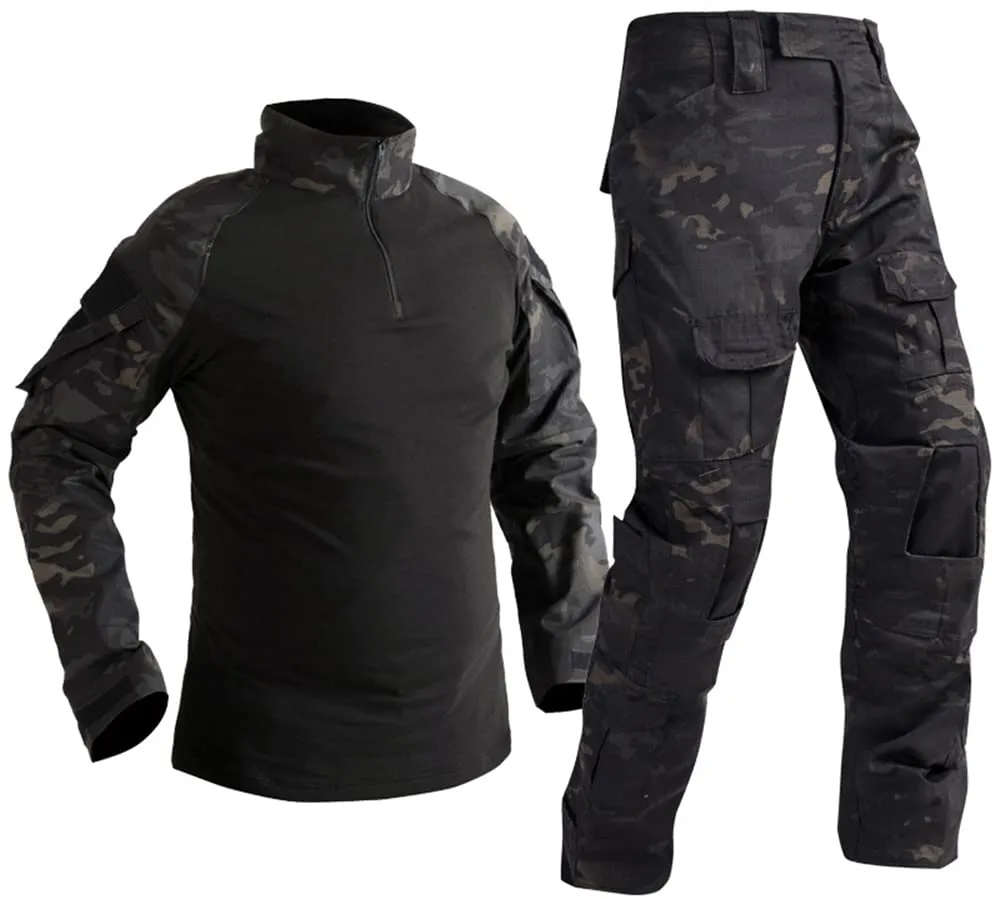 Uugood Camicia Militare Uomo Pantaloni Multicam Camicia da Combattimento Tattica e Set di Pantaloni Camouflage BDU Uniforme Airsoft Set Paintball Vestiario, notte oscura, M