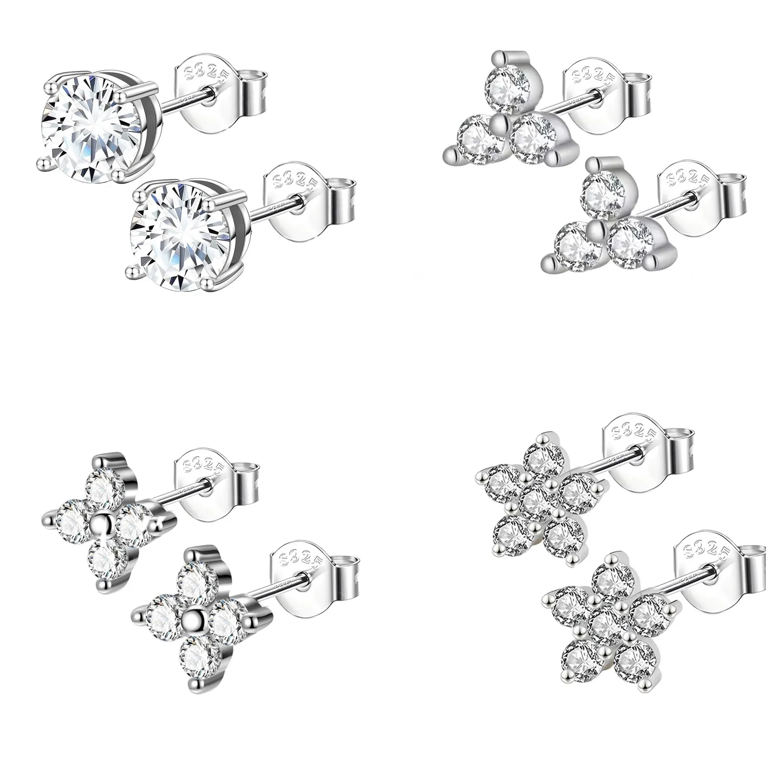 Epoch World 4 Paia Piccoli Orecchini in Argento Sterling 925 Orecchini Argento Fiore per Donna Ragazze Bambina con Cubic Zirconia Orecchino Diamanti da Donna Set di Orecchini a Perno