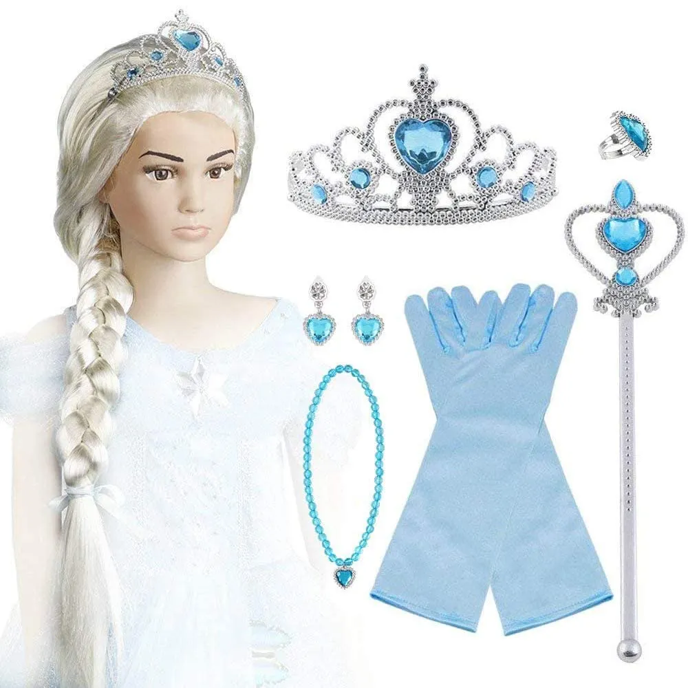 Vicloon Nuovi Costumi da Principessa Set di 9 PCS Dono - Parrucca, Diadema, Guanti, Bacchetta Magica, Orecchini, Anello da 3 a 10 Anni