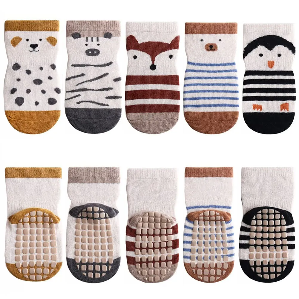 FedMois 5 paia calzini antiscivolo in cotone bimbi bambini motivi animali, Pinguino, 1-3 anni