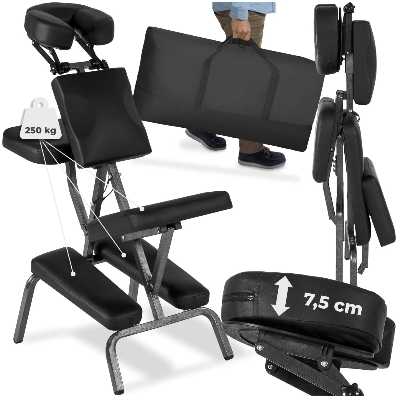 TecTake® Sedia da Massaggi Portatile, Poltrona Fisioterapia con Telaio in Metallo Stabile, Imbottitura Spessa, 80x50x105 cm, Peso 10,5 kg, Inclusa Borsa per Trasporto - Nero