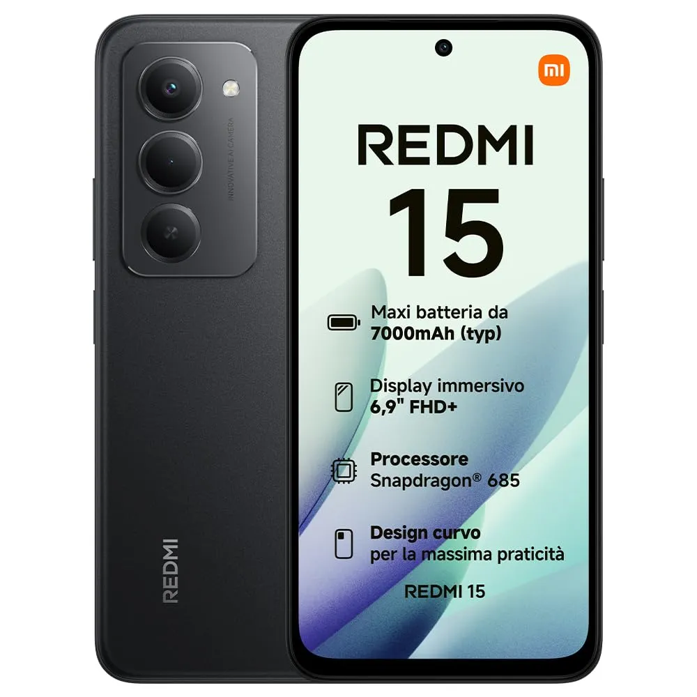 Xiaomi Redmi 15, Smartphone 8+256GB, DotDisplay FHD+ 144Hz da 6,9", Snapdragon 685, doppia fotocamera AI da 50MP, Batteria da 7000mAh, Garanzia di 2 anni, Nero, Caricabatterie non incluso