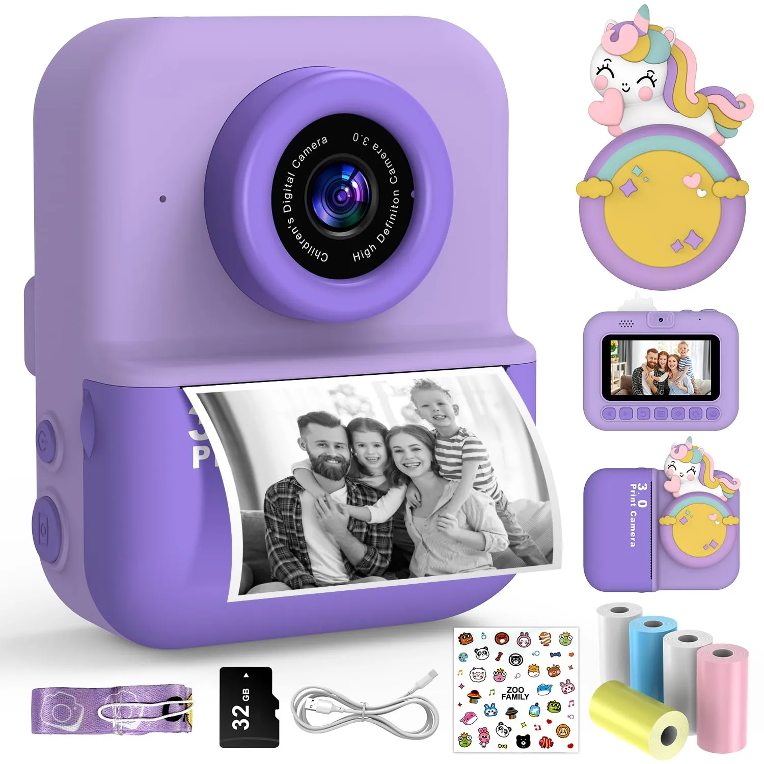 Macchina Fotografica Bambini Istantanea,3.0''Schermo HD 48MP Fotocamera Digitale Bambini con Scheda da 32 GB e 5 Rotoli di Carta da Stampa, Giocattolo Regalo Natale Bambino e Bambina 3-12 Anni（Purple）