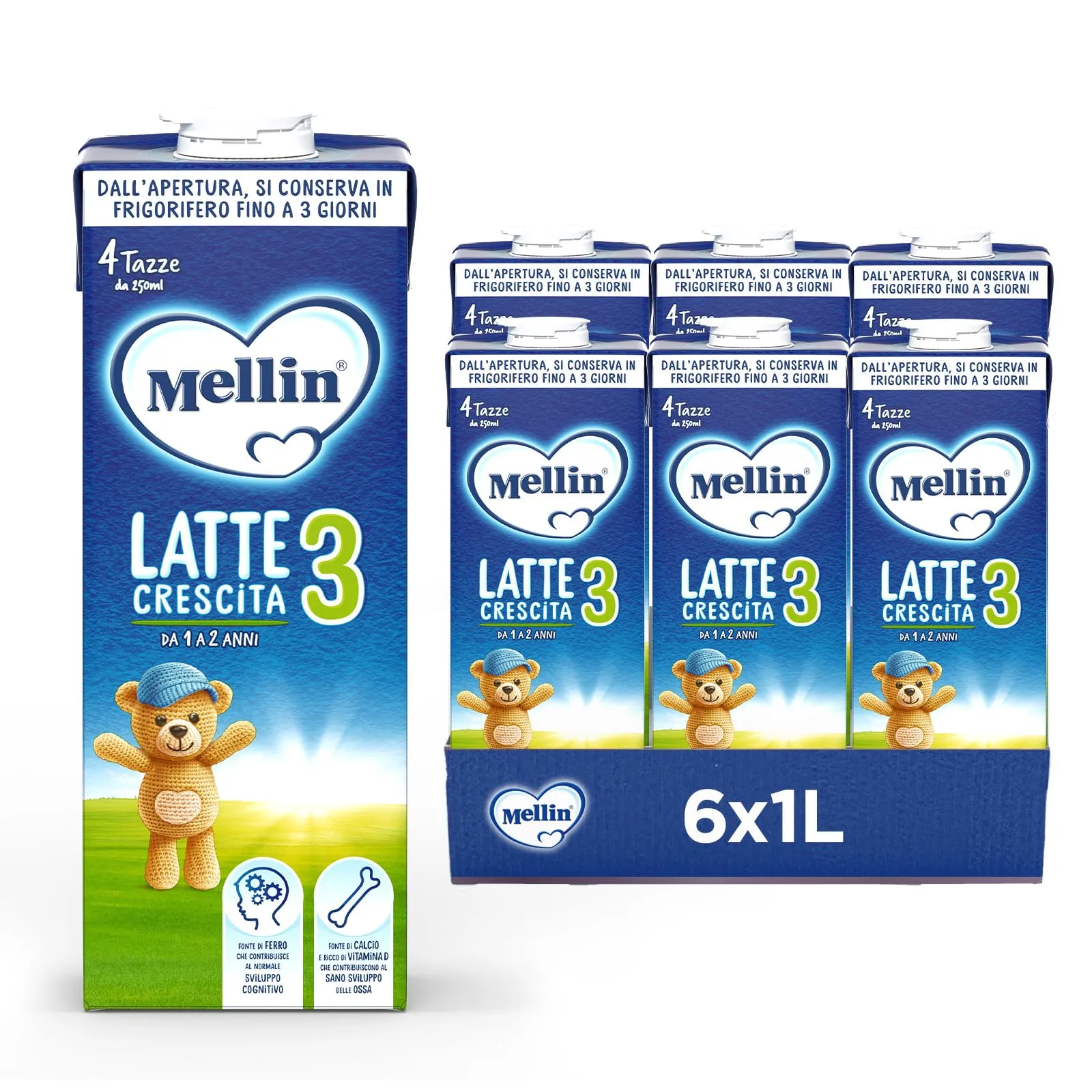 Mellin 3 - Latte di Crescita Liquido per Bambini dal 1° anno compiuto al 2° anno, Pronto all'uso - Formato Convenienza da 6 litri (6x1L)