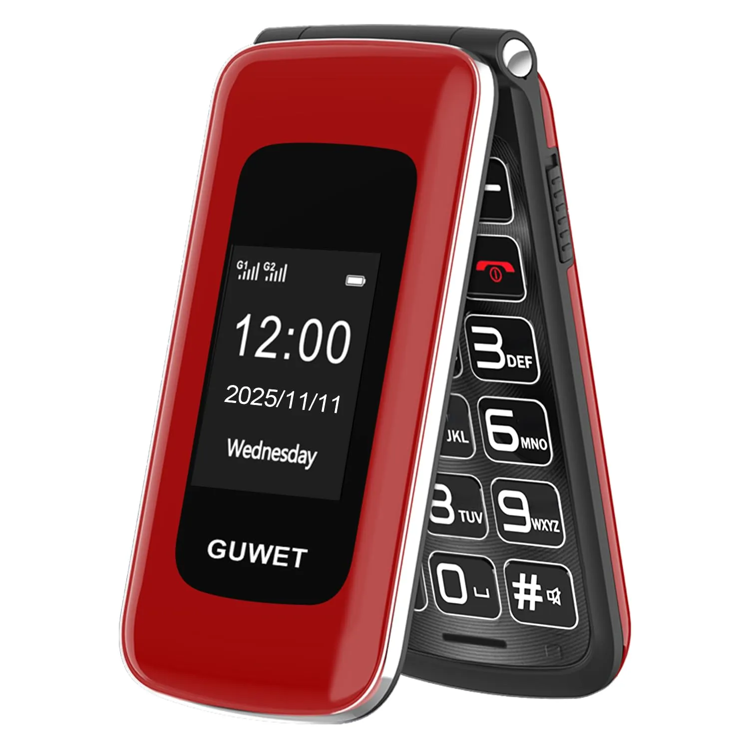 Guwet G739 cellulare per anziani pliante, telefono per anziani, telefono a tasti, con segnale forte, pulsante SOS, batteria da 1600 mAh, lungo standby e colore rosso.