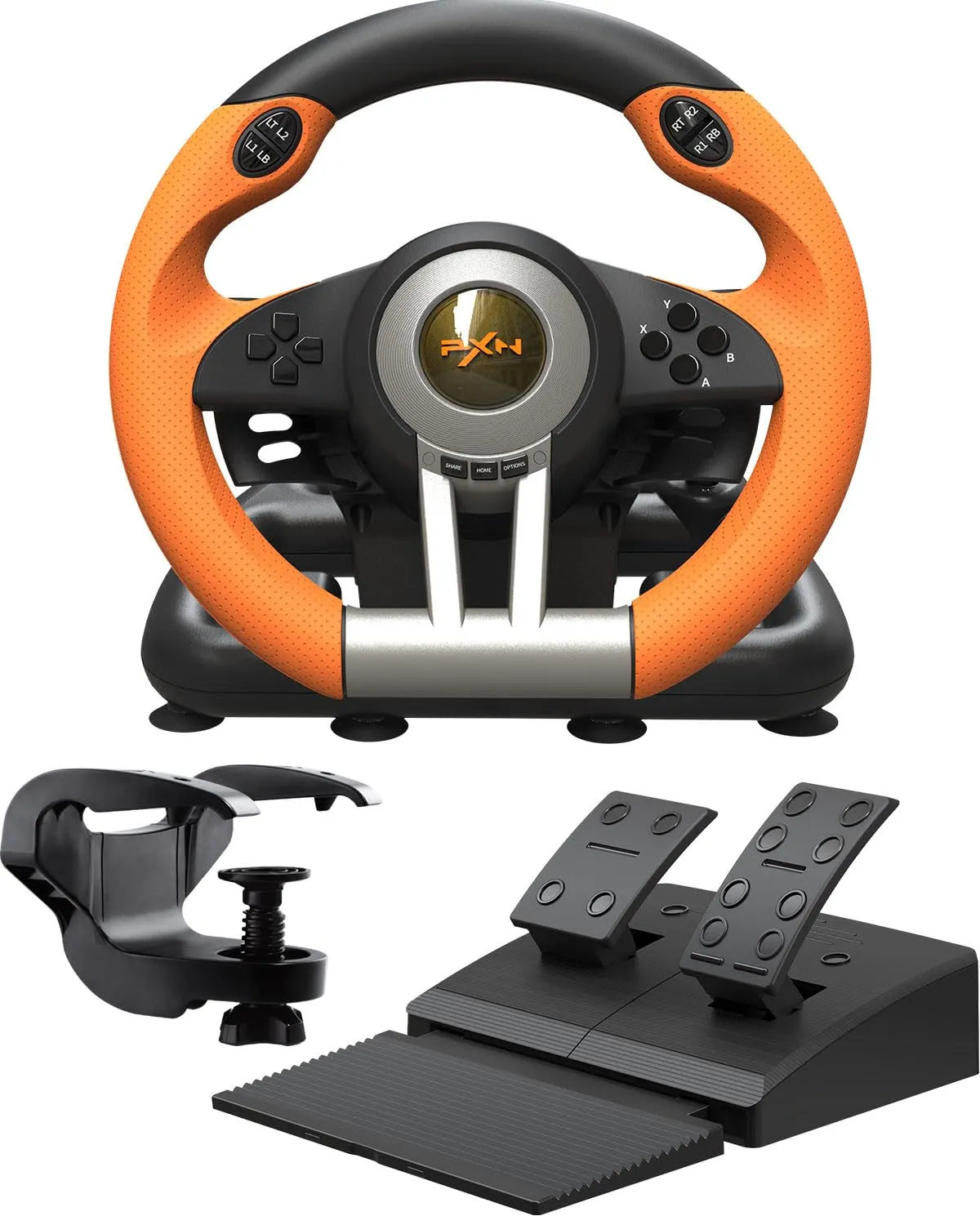 PXN V3 Pro Volante con Pedali - Volante da Gioco a 180°, Feedback a Vibrazione, Paddles per il Cambio, Cambio Sequenziale Incorporato, Volante per PC, PS4, Xbox, PS3 e Switch - Arancia