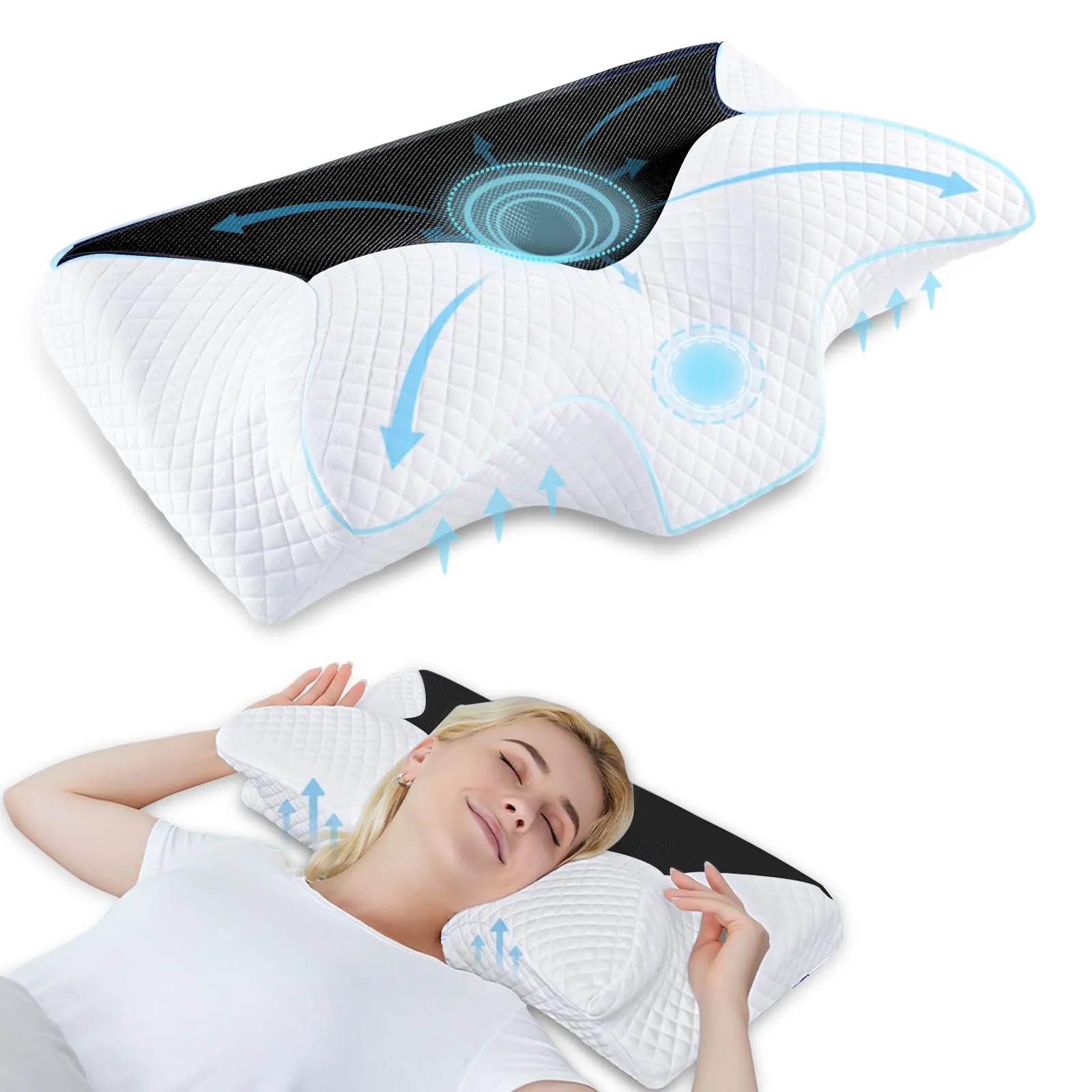 HOMCA Cuscino Cervicale Ergonomico Cuscino Memory Foam per Supporto Cuscino Ortopedico per Dormire sul Fianco e sulla Schiena, Nero