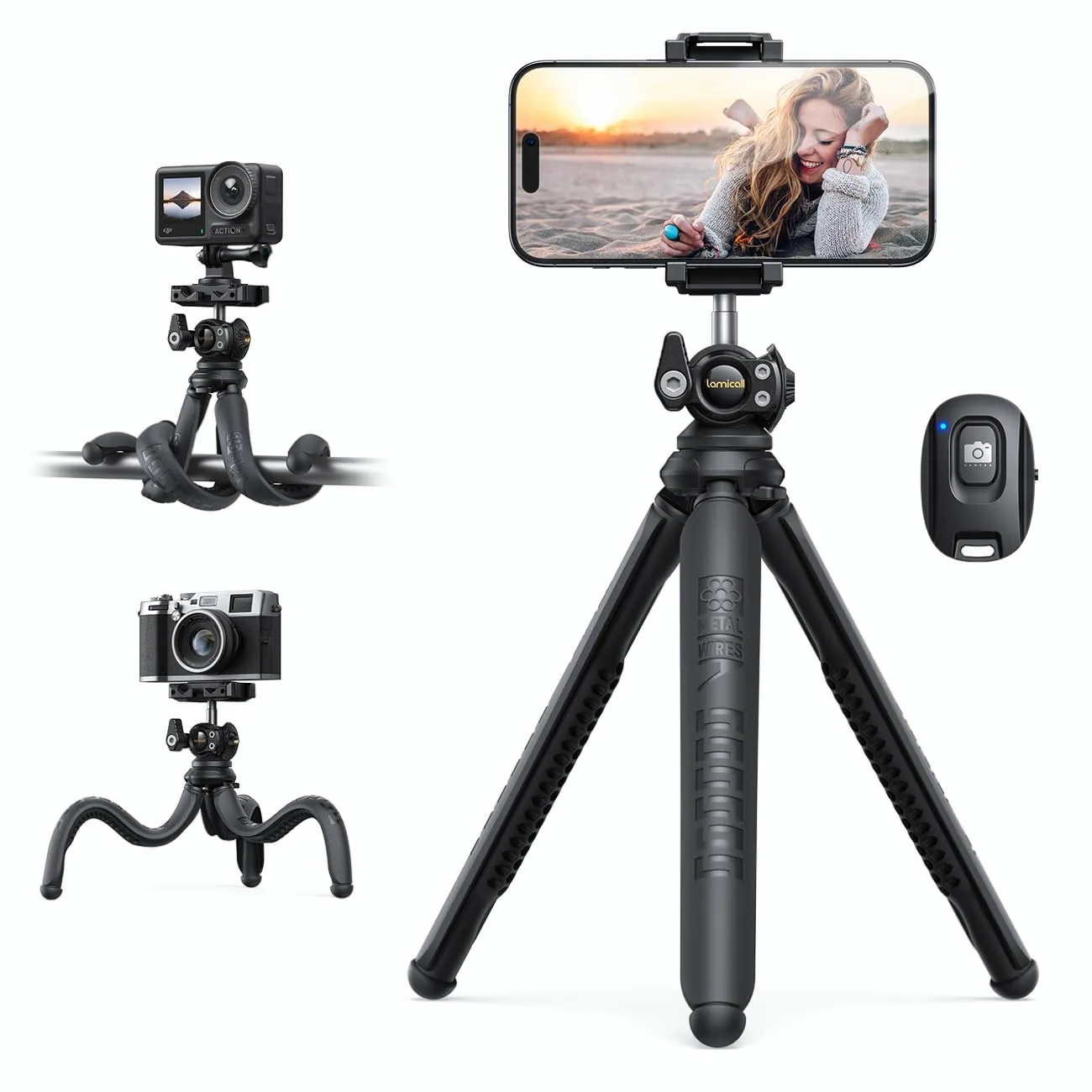 Lamicall Treppiede Smartphone Flessibile - [3 in 1] Mini Treppiede Cellulare Portatile con Telecomando Senza Fili, 360° Rotazione, Treppiede Portatile con vite 1/4" per iPhone/Android/Fotocamera/GoPro