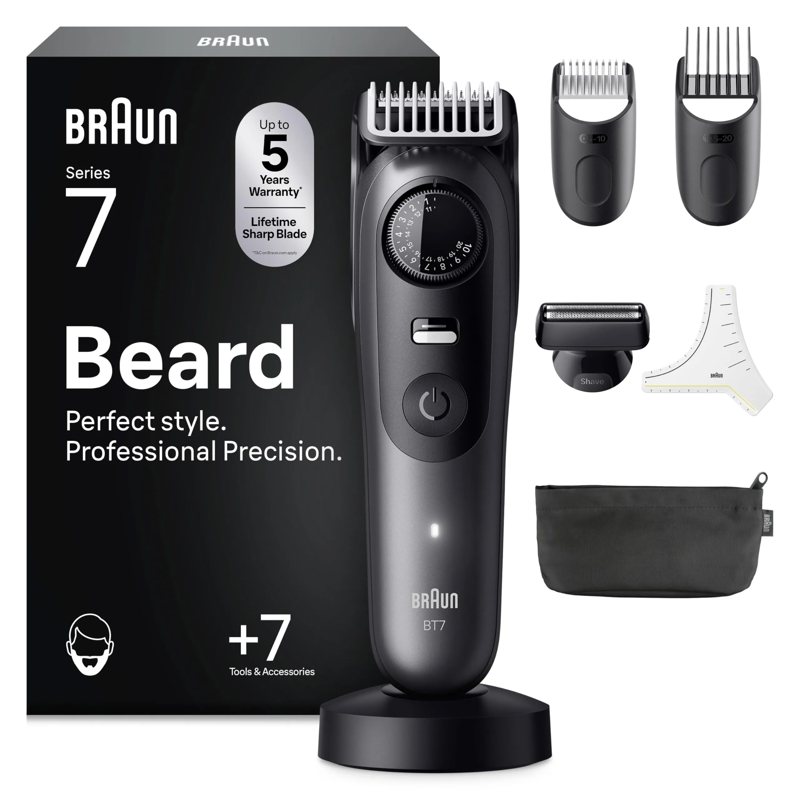Braun Regolabarba Uomo Series 7, Rasoio Elettrico Barba, +7 Strumenti Da Barbiere, Lama ProBlade Affilata a Vita, 120 Min Autonomia, Impermeabile, Selettore Di Precisione 40 Lughezze, BT7525, Grigio