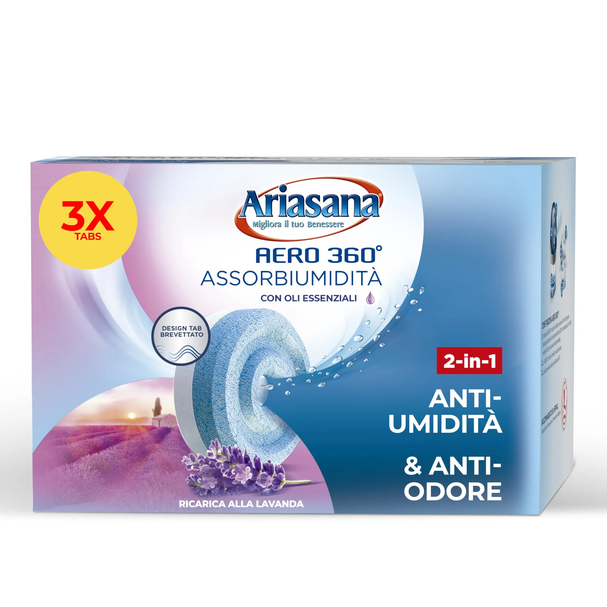 Ariasana Tripack Lavanda, Ariasana Aero 360° Ricarica per Dispositivi con Capacità ≥ 450g, Tab Profumate Assorbi Umidità, Ricarica Tab contro i Cattivi Odori, 1 Confezione da 3 Tab da 450g