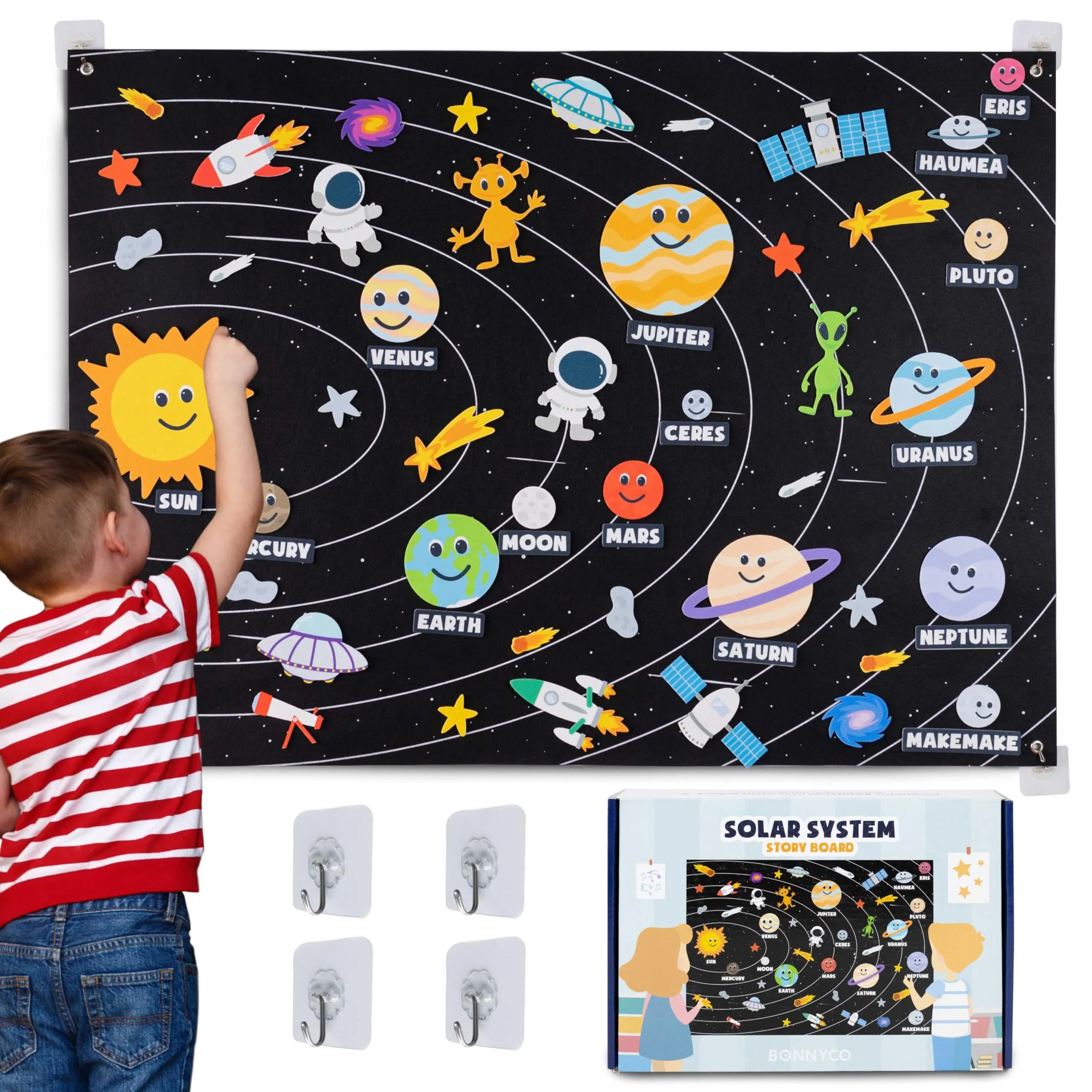 BONNYCO Sistema Solare per Bambini con 61 Figure in Feltro Giochi per Bambini, Giochi Bambina Bambino, Giochi Bambini, Regalo Bambina, Pianeti Sistema Solare Bambini | Natale Giochi Montessori