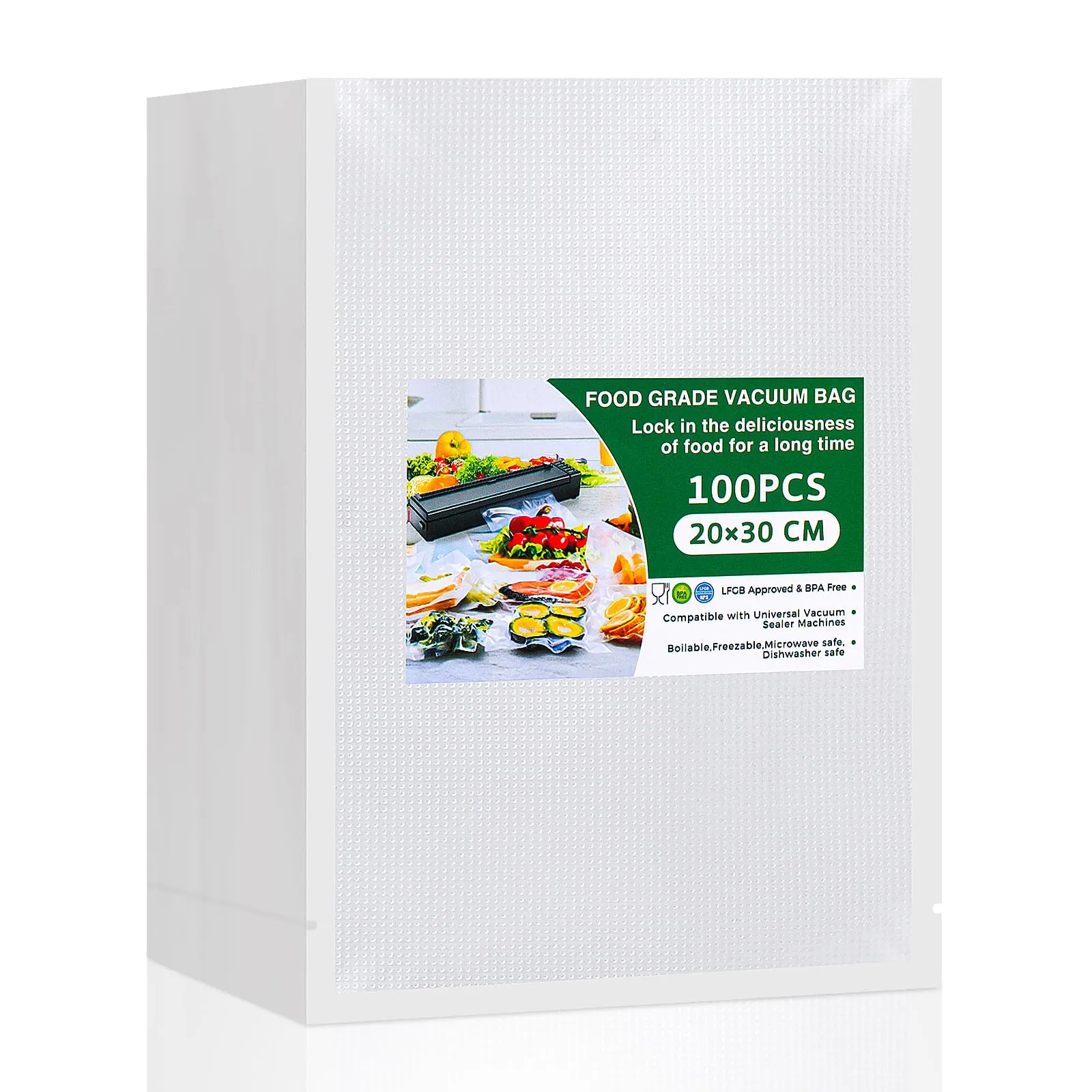 Vinabo Sacchetti Sottovuoto Alimenti 20 x 30 cm 100 Buste, per la Cottura Sottovuoto e la Conservazione Degli Alimenti, Buste Sottovuoto Goffrate Aadatto a Tutte le Macchine Sottovuoto