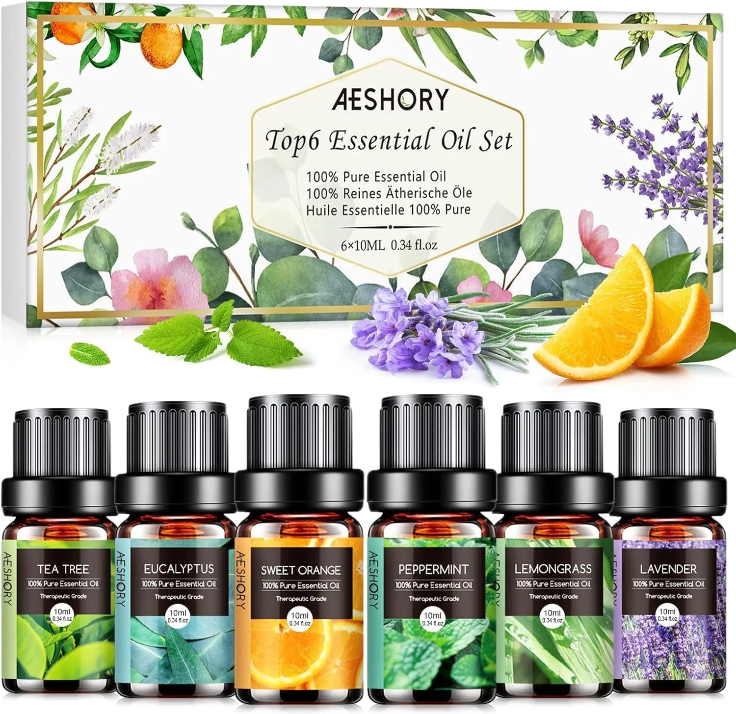 AESHORY Set di Oli Essenziali per Diffusori 6 x 10ML, 100% Puri Naturali Olio Essenziale Profumate per Aromaterapia, SPA, Massaggio - Lavanda, Tea Tree, Menta Piperita, Eucalipto, Arancia Dolce