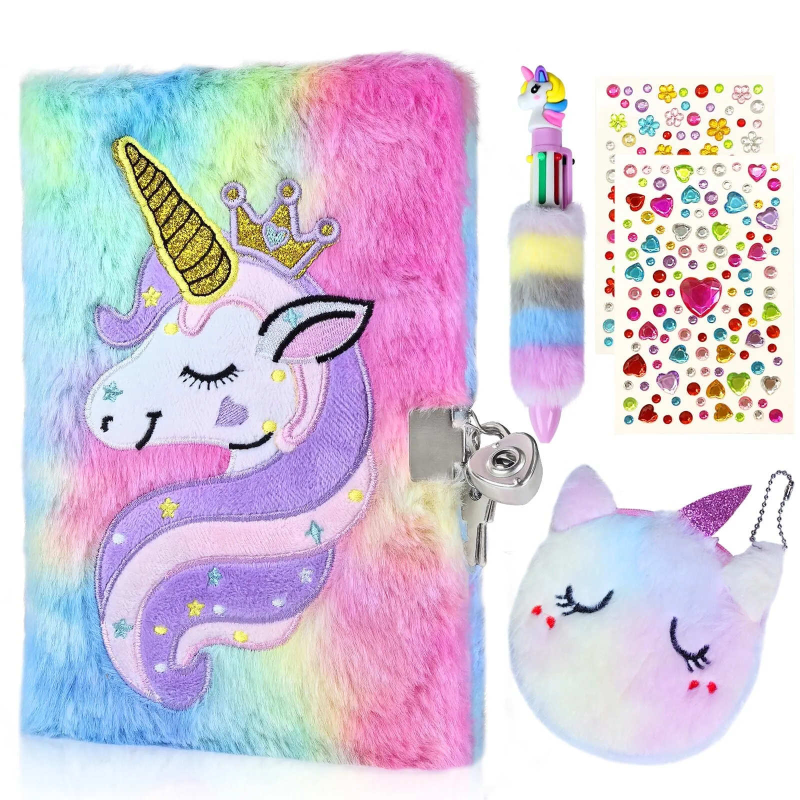 GROFIS Set di 4 Unicorno Diario Segreto Bambina, Diario in Peluche con Lucchetto, 160pag Reversibile Taccuino A5 a Righe, Quaderno con Unicorno Portamonete, Penna, Adesivi, Regalo per Ragazze Bambini