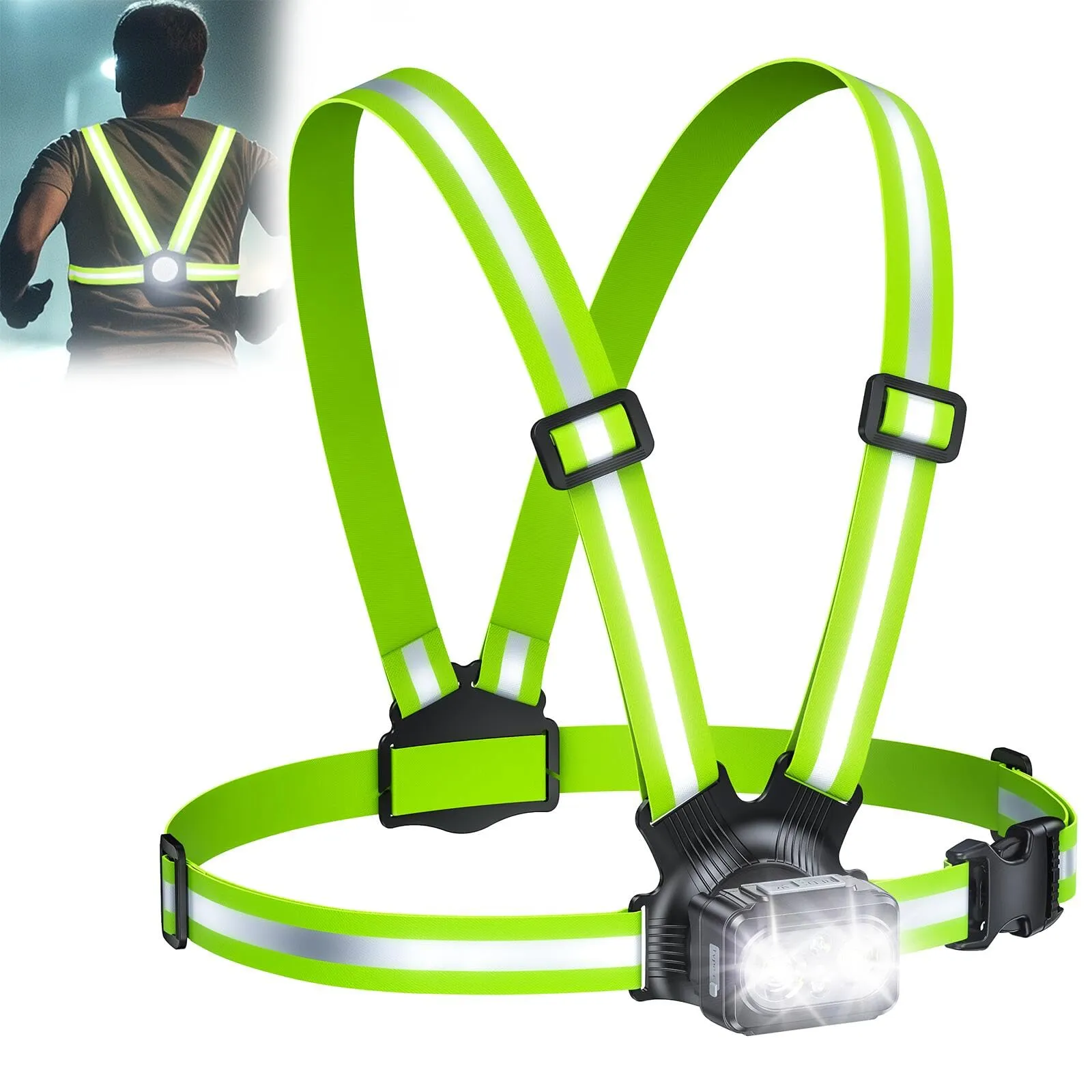 Rolgno Luce Running con 360° Strisce Riflettenti 500 Lumen, 7 Modalità Running Pettorale 45° Regolabile, IPX4 Impermeabile, Autonomia 3.5-20H Luce per Corsa Notturna per Corsa/Jogging/Campeggio
