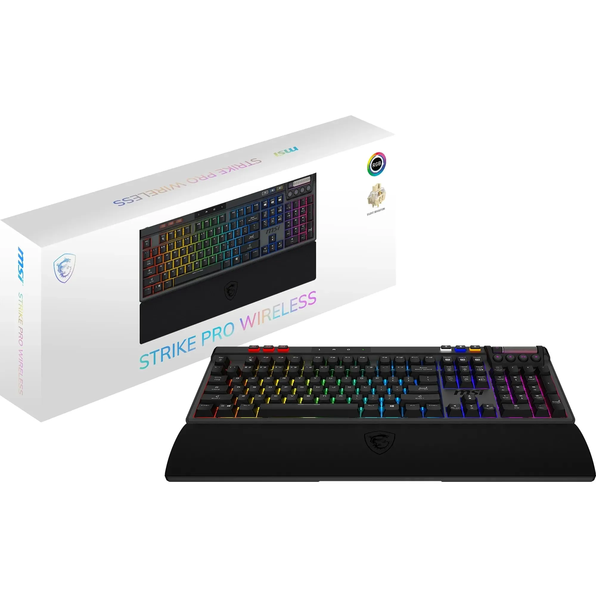 MSI Strike Pro Wireless - Tastiera da gioco meccanica silenziosa AZERTY, switches Silent Touch sostituibili a Caldo, keycaps PBT, 2.4GHz, Bluetooth, RGB Mystic Light tramite Touche, Batt 4200mAh