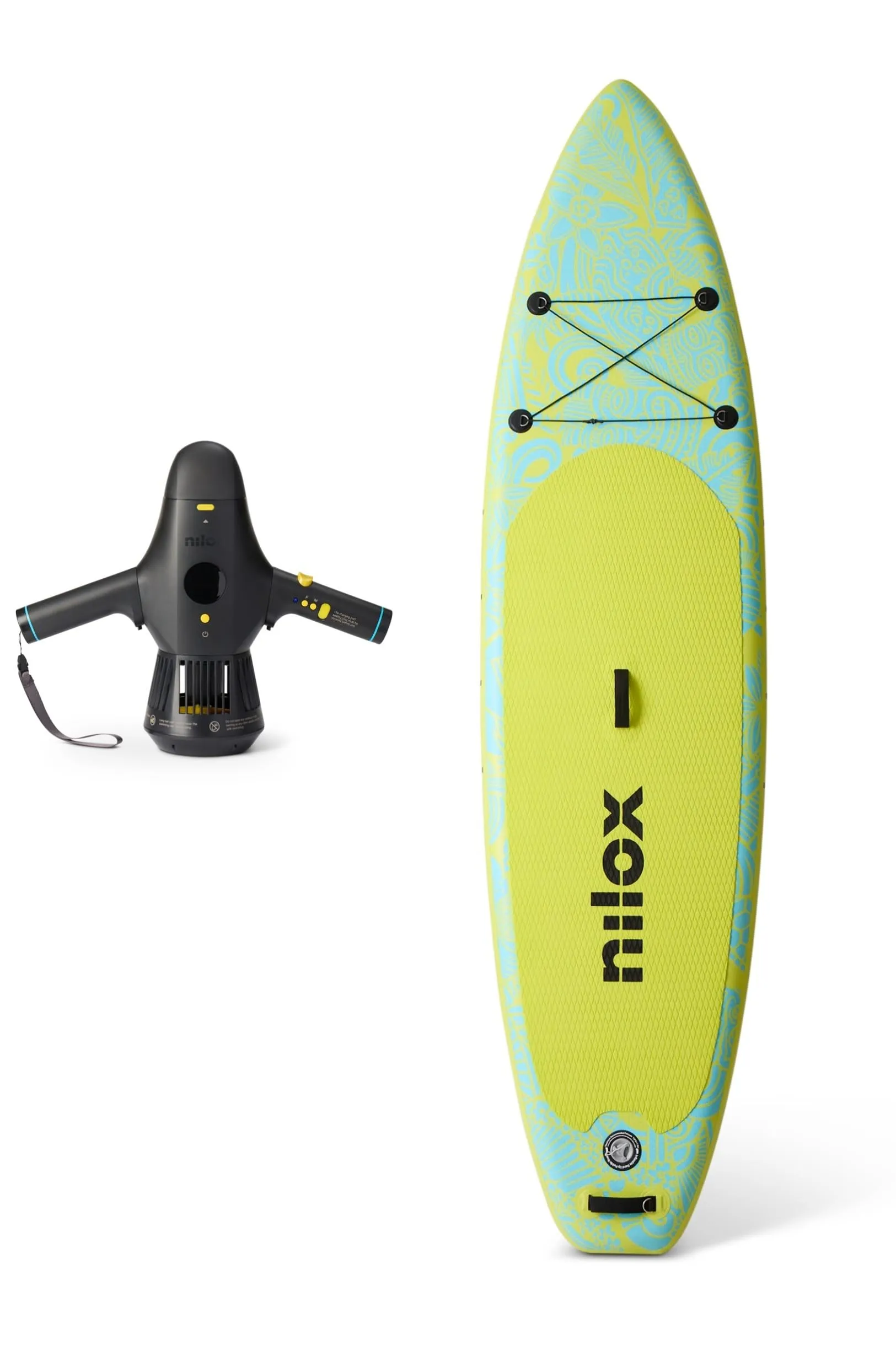 Nilox Set Tavola da Sup Gonfiabile con Scooter Acquatico Elettrico, Completo di Accessori con Zaino, Pagaia, Pompa, Leash, 3 Pinne, Velocità Fino a 5km/h, Tavola da 335x84x15cm