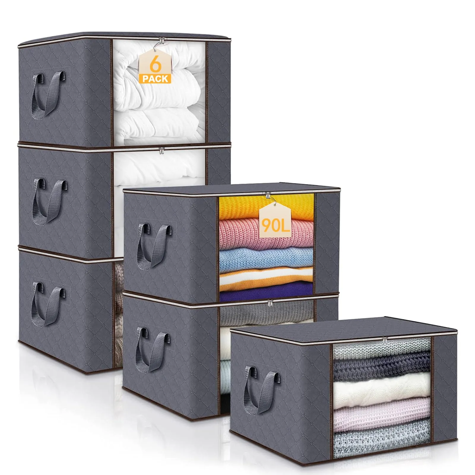 Collazoey 6 pezzi Scatole per Armadio,90L scatole portaoggetti pieghevoli, contenitori portaoggetti per organizzare camere da letto, armadi, vestiti, trapunte, con coperchio e maniglia, grigio