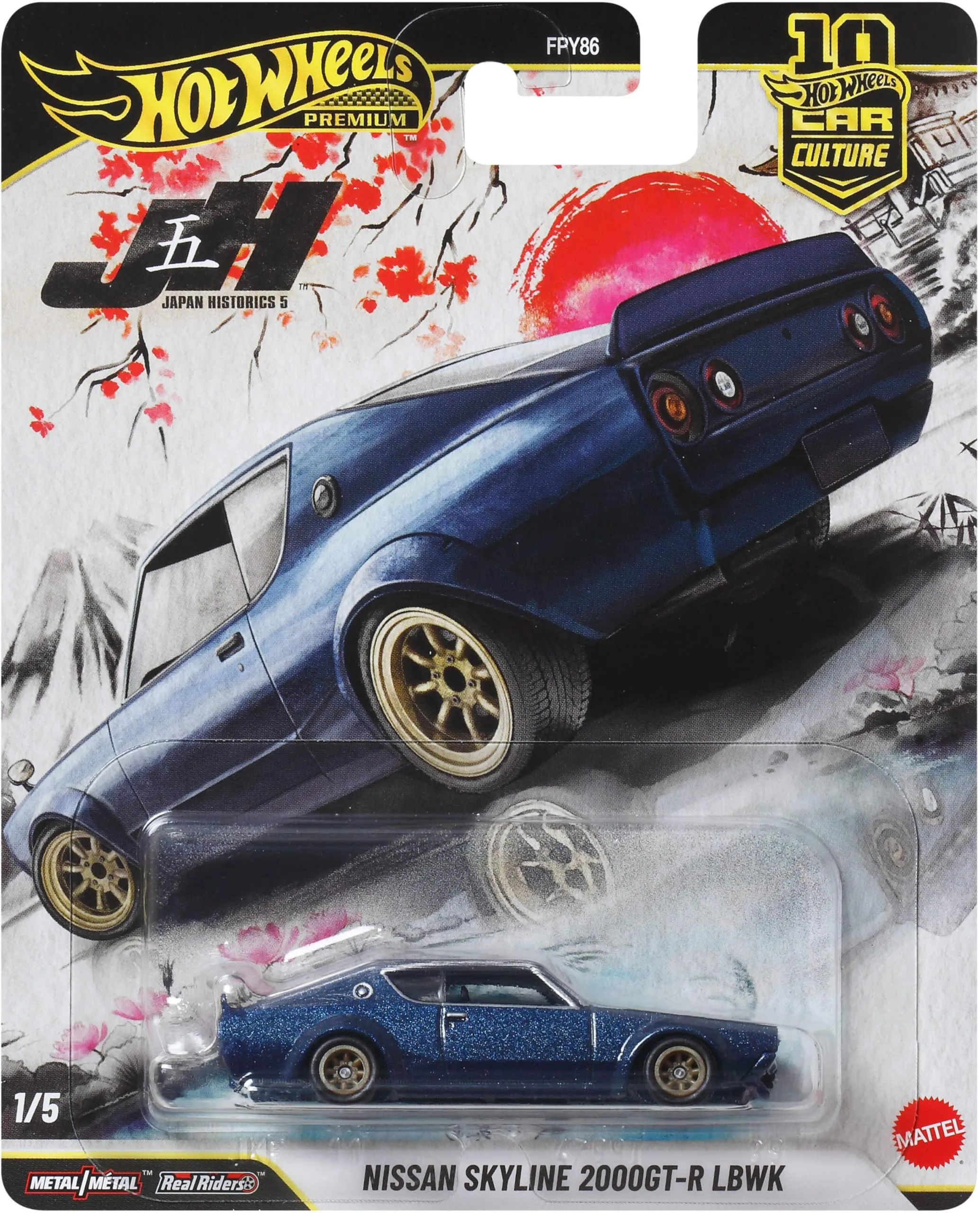 Hot Wheels Premium Car Culture - Nissan Skyline 2000GT-R LBWK, modellino da collezione in scala 1:64 con telaio in metallo e pneumatici Real Riders, 3+ anni, JKF11
