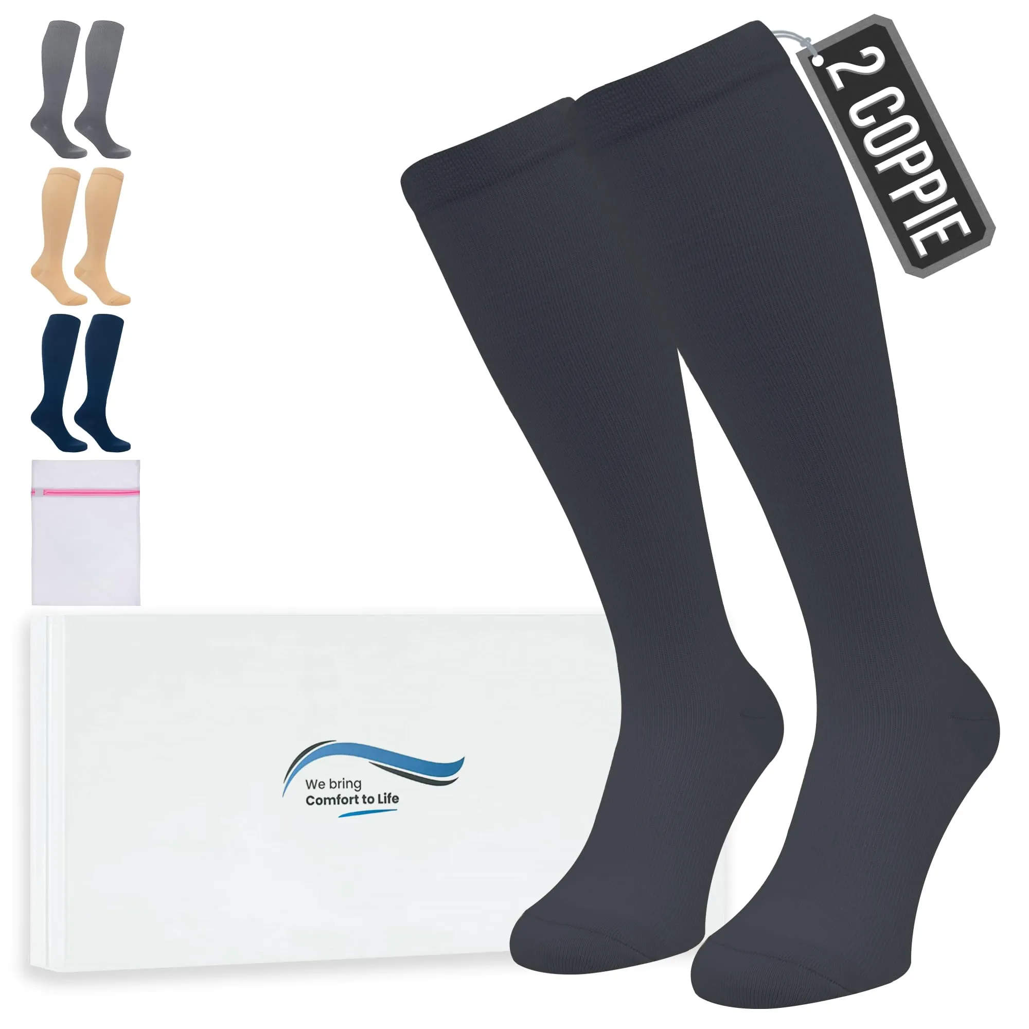 360 Relief Calze Compressione Graduata Donna e Uomo - 2 Coppie Solido Colore Gambaletti Compressione Graduata per Sports, Running, Viaggio, Ciclismo, Lavoro - L/XL Nero con Borsa Lavanderia