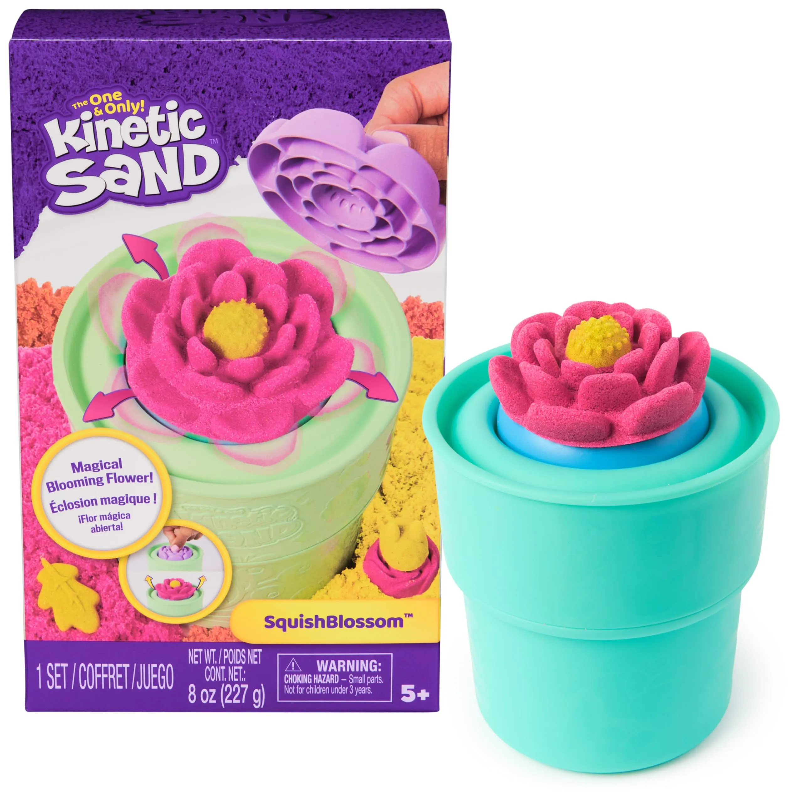 Kinetic Sand SquishBlossom, Fiore Che Sboccia, Set con 227 g di Sabbia Giallo e Rosa Neon, Vaso e Formine Incluse, Giocattolo Creativo per Bambini e Regalo per Mamme, 5+ Anni