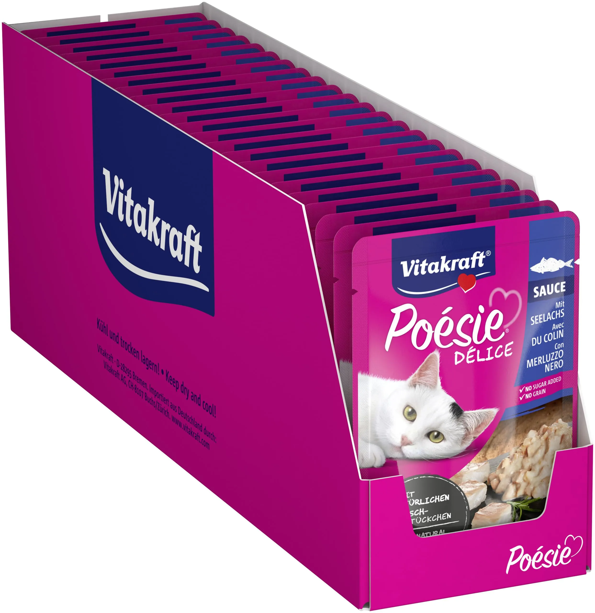 Vitakraft Poésie Délice, alimento umido gatto, con gado carbonario MSC in salsa, per gatti adulti, equilibrato dal punto di vista nutrizionale, senza l'aggiuta di zuccheri e cereali (23x 85g)