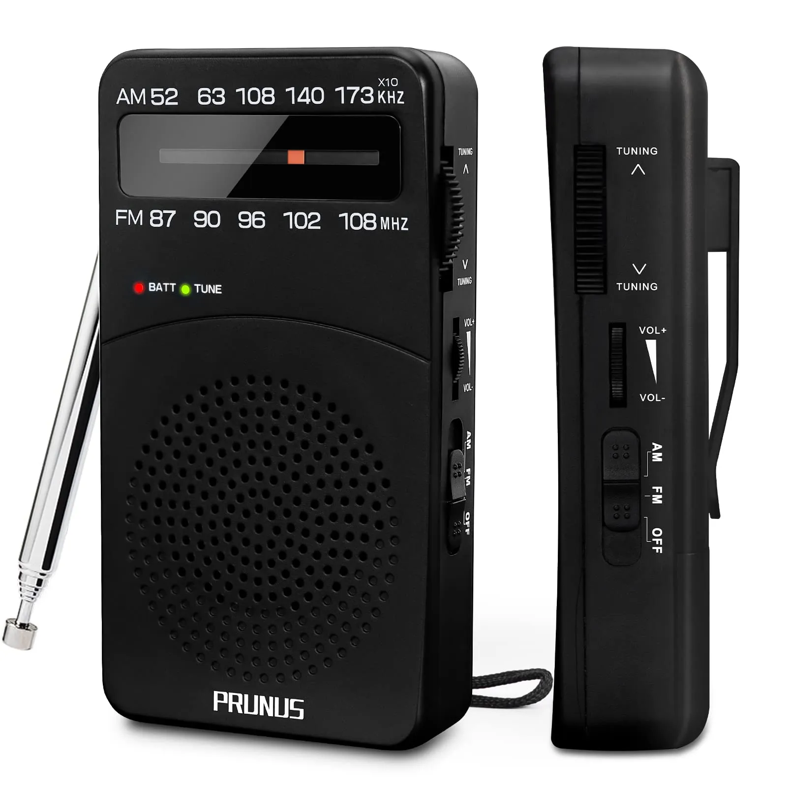 PRUNUS J-166 Radio Portatile FM/AM, Radiolina Portatile Piccola con Eccellente Ricezione, Mini Radio a Pile Supporta Batterie Sostituibili (AA), per Camminare,Correre,Pescare (Nero)