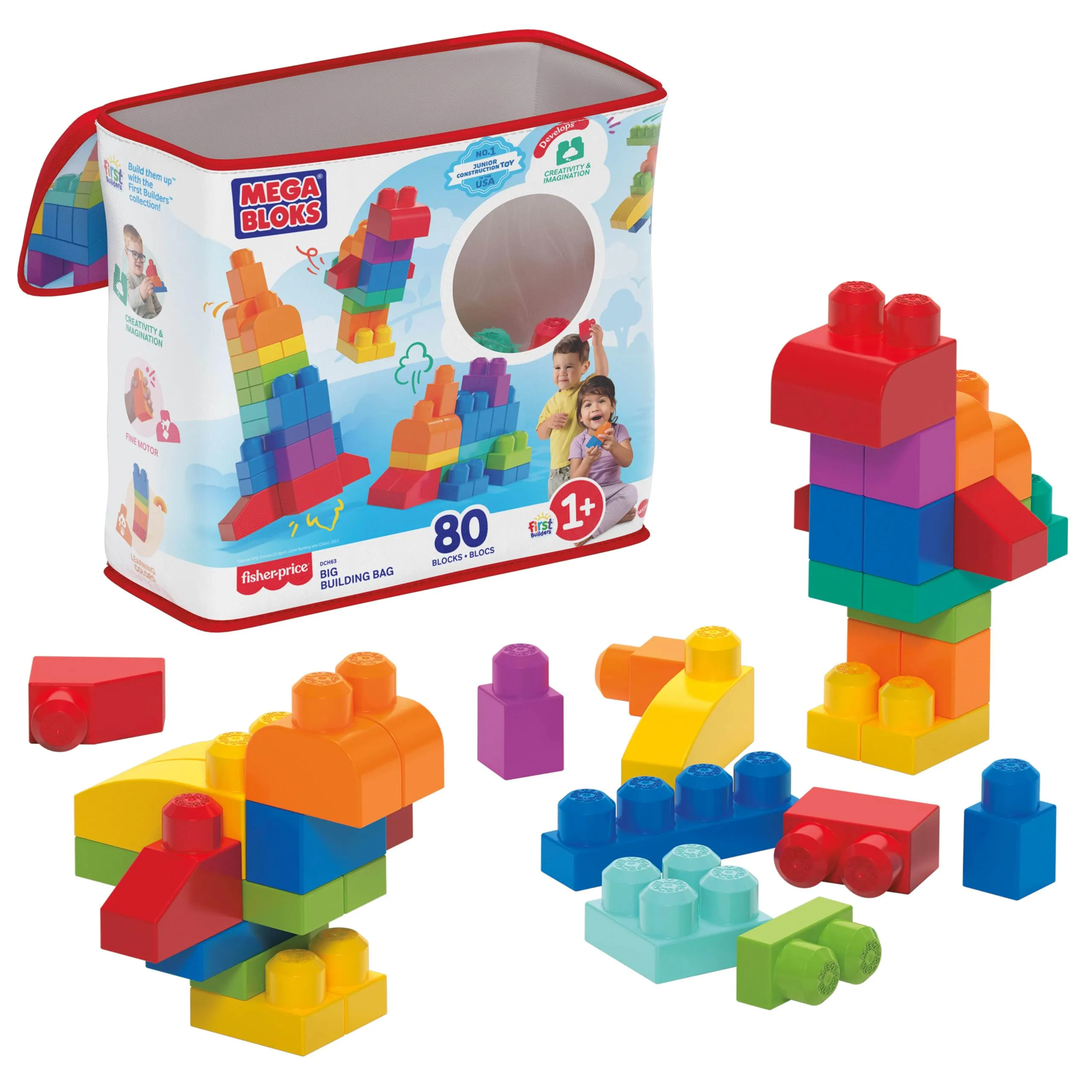 MEGA Bloks-Big Building Bag Sacca Ecologica, 80 Pezzi, Blocchi da Costruzione, Giocattolo per Bambini 1+ Anni, Colore Blu, DCH63