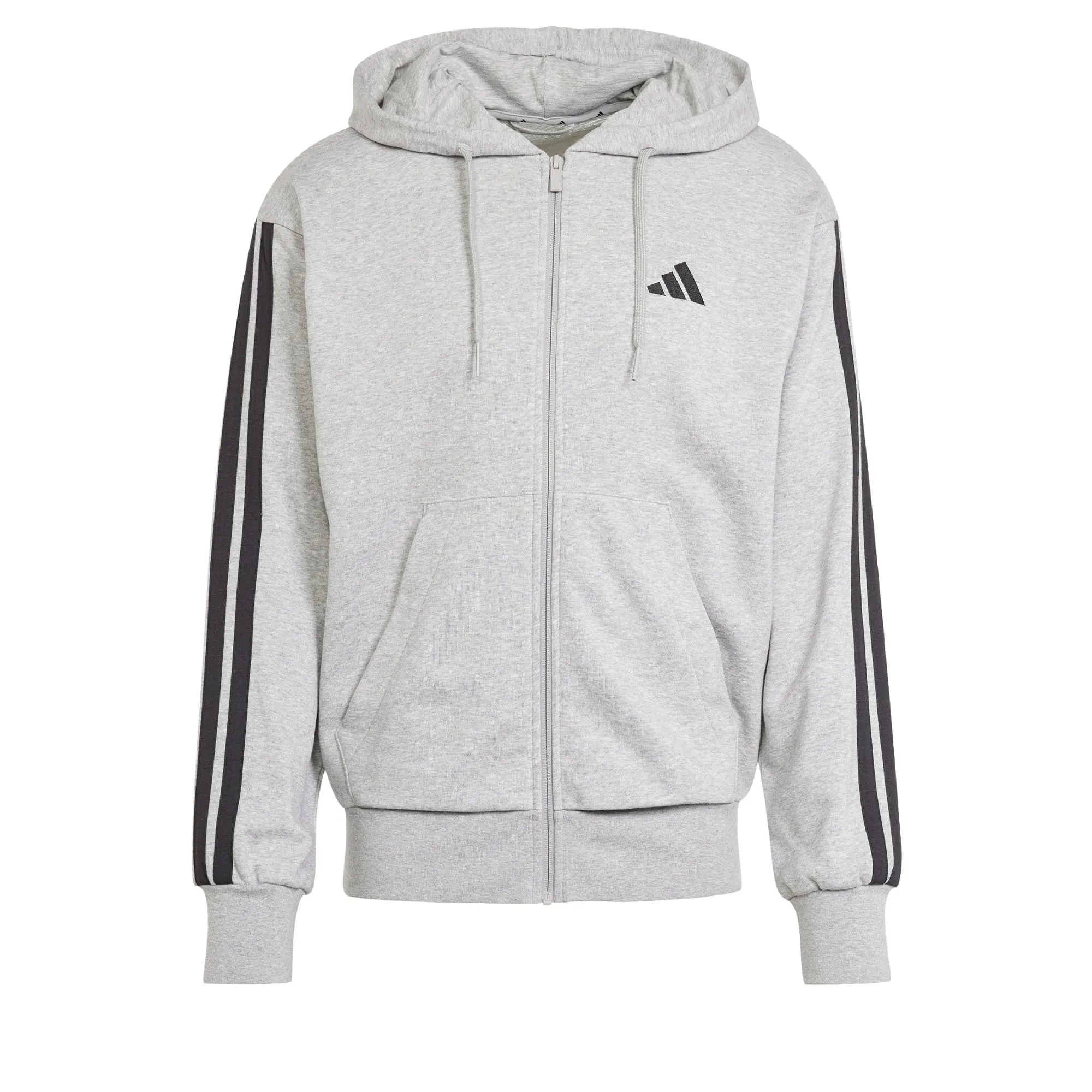 adidas Uomo Essential Three Stripes French Terry Fullzip Hoodie, Medium Grey Heather/Black, L