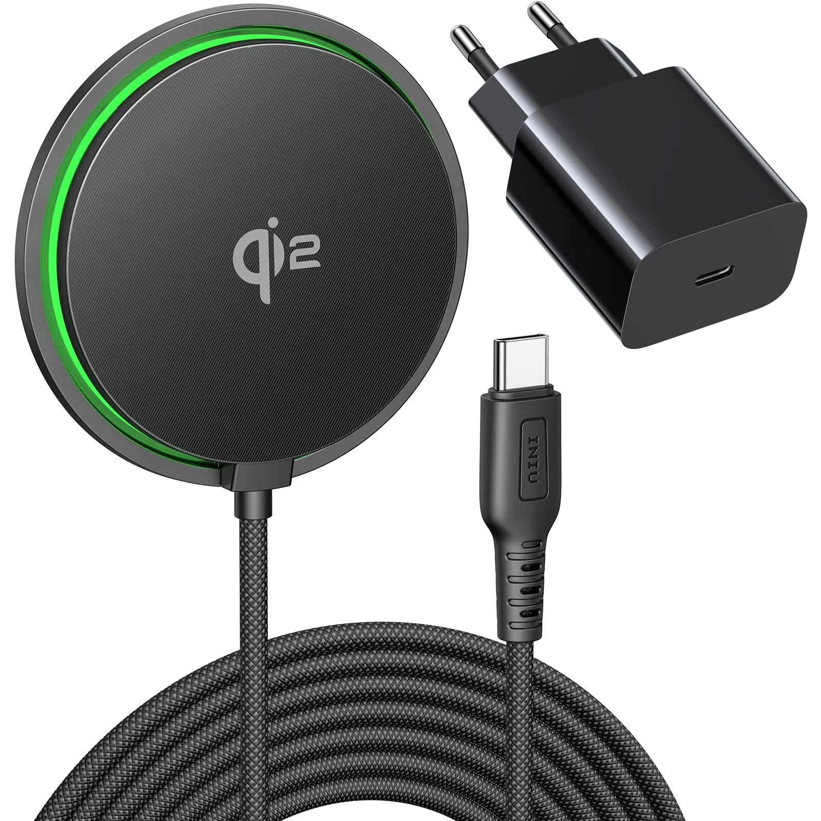 INIU Caricatore Wireless iPhone, 15W Mag-safe Charger Certificato Qi2 con Raffreddamento, Ricarica Wireless per iPhone 16 Pro 15 14 13 12 Plus, AirPods 4 3 2 Pro, con Cavo USB-C e Adattatore Inclusi
