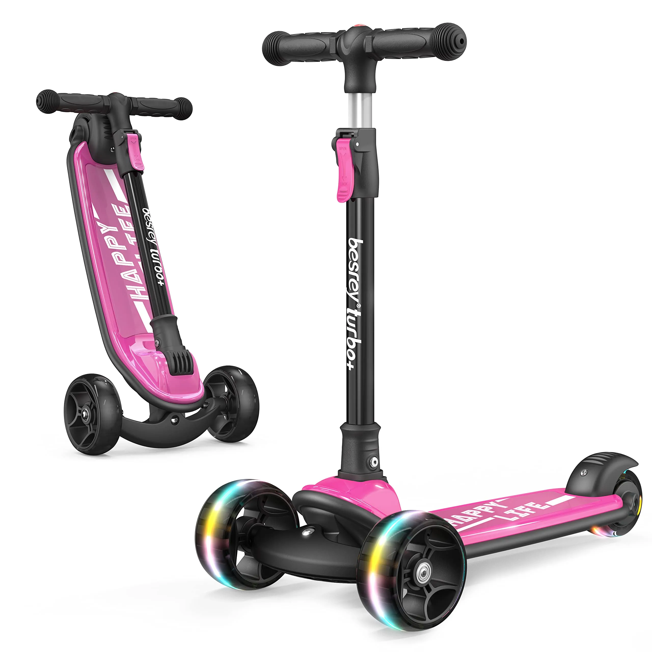 besrey Monopattino Bambino da 2-10 anni, Monopattino 3 Ruote Bambino con Luci, Regolabile in 4 Altezze, Rosa