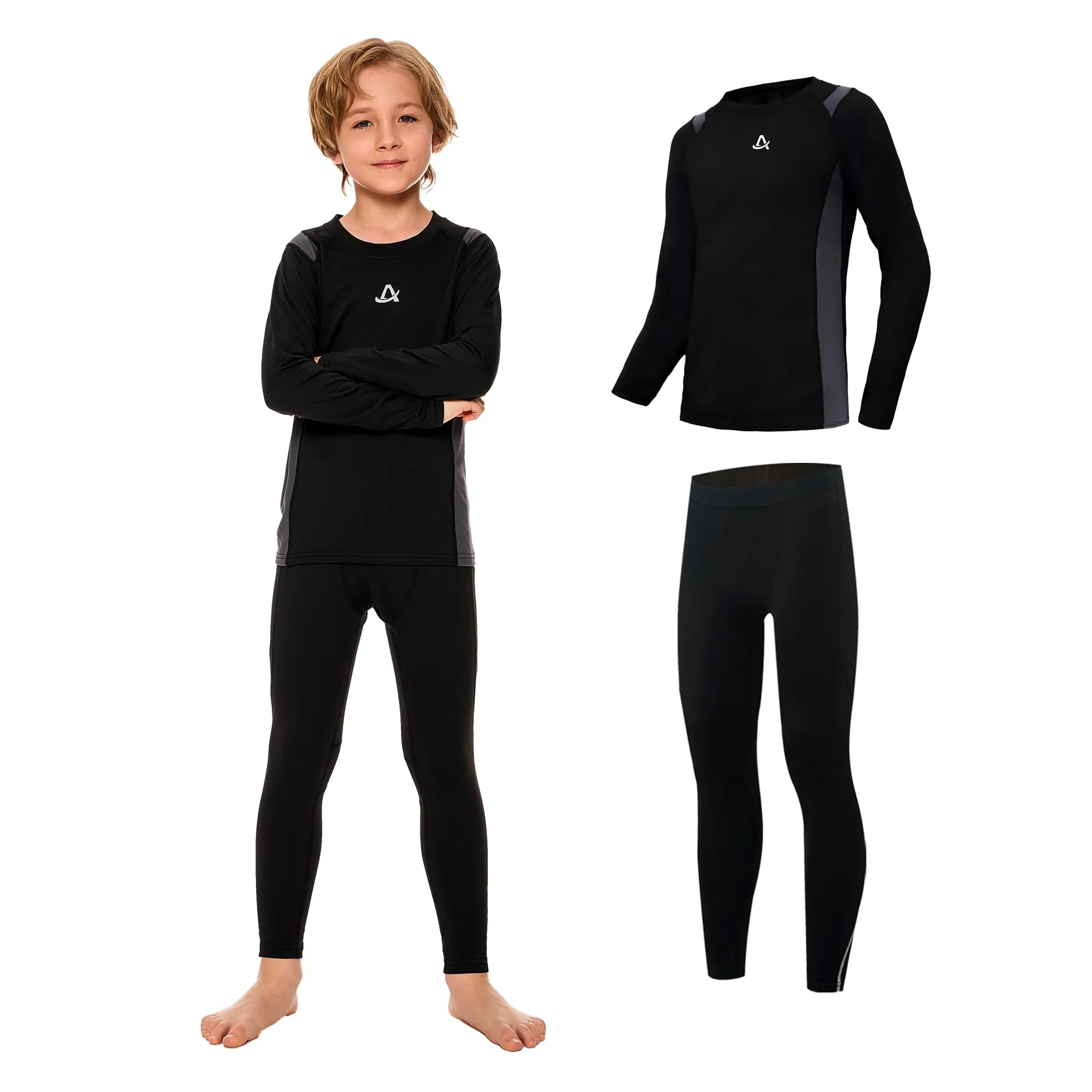 AMZSPORT Biancheria Intima Termica per Bambini, Set Intimo a Manica Lunga per Ragazzi, Comfort e Traspirabilità per lo Sci, il Calcio e gli Sport Invernali, Nero M