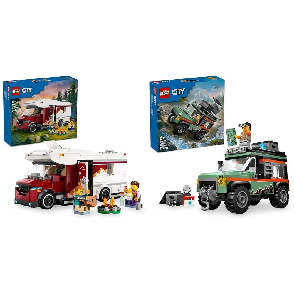 LEGO City Giocattolo Van per Avventure in Vacanza + Giocattolo Camion Montagna 4x4 Set Idee Regalo Divertenti per Compleanni e Feste 60454 + 60447