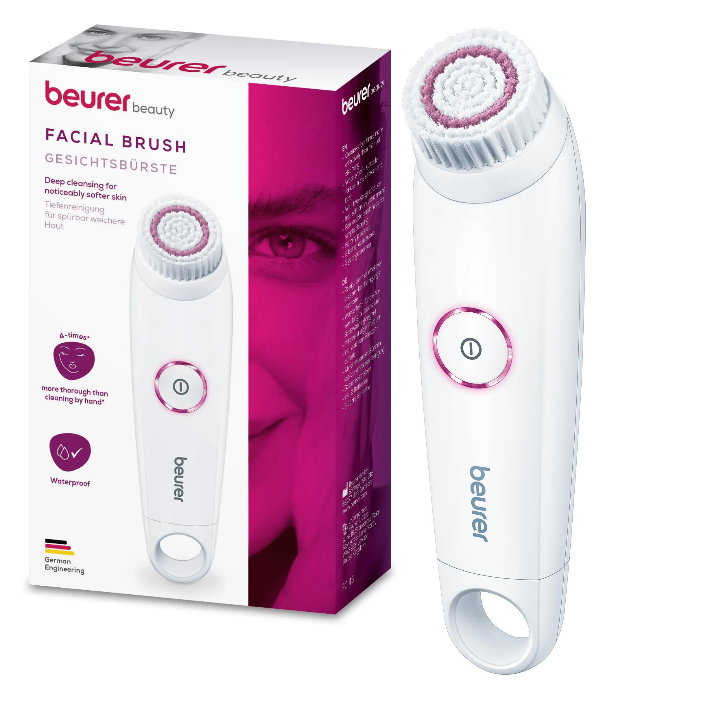 Beurer FC 45 Spazzola per la Pulizia del Viso 4 volte più efficace, Impermeabile (IPX 7), 2 velocità, skincare profonda e delicata, Rotazione a 2 livelli, Spegnimento Automatico, 2 batterie incluse