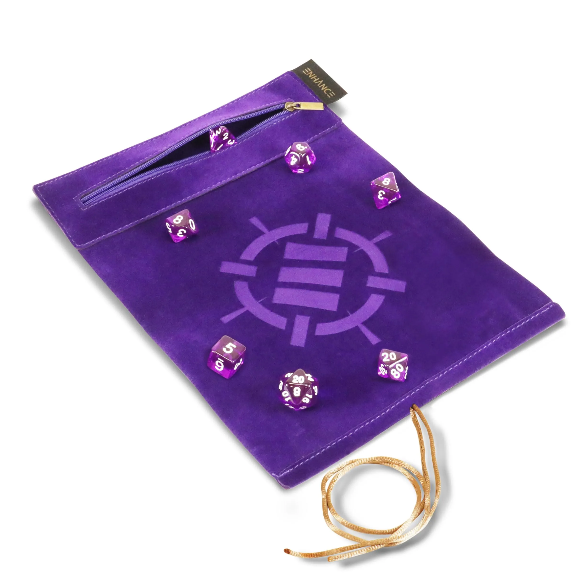 ENHANCE Tappetino per Dadi Roll on a Scroll e Set di 7 Dadi in Acrilico - Custodia in Velluto con 7 Dadi in Acrilico Abbinati, Supporto e Vassoio. Compatibile con D&D e Giochi da Tavolo - Viola