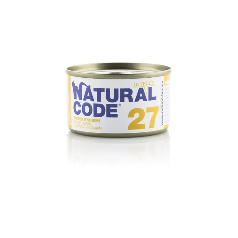 Natural Code Umido Gatto Adult gusto TONNO e SURIMI, Numero 27, alimento completo in SFILACCETTI per gatti adulti di tutte le taglie, altamente digeribile | 12 scatolette da 85 grammi l'una.
