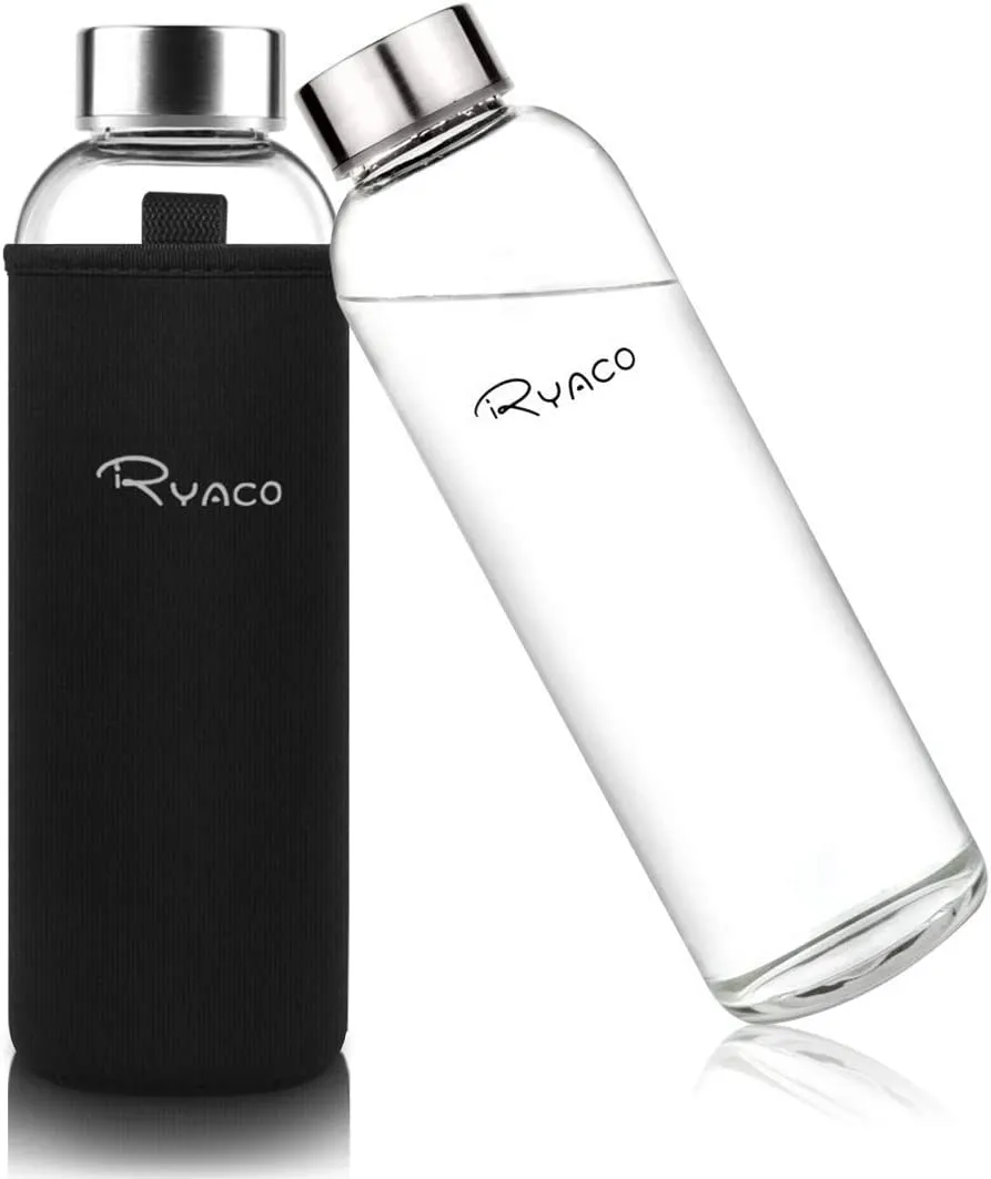 Ryaco Bottiglia d'Acqua 550 ml/18oz, Borraccia Vetro Portatile con Guaina per Bevande Calde e Fredde, Senza BPA, Borraccia in Vetro con Pennello in Spugna, Lavabile in Lavastoviglie
