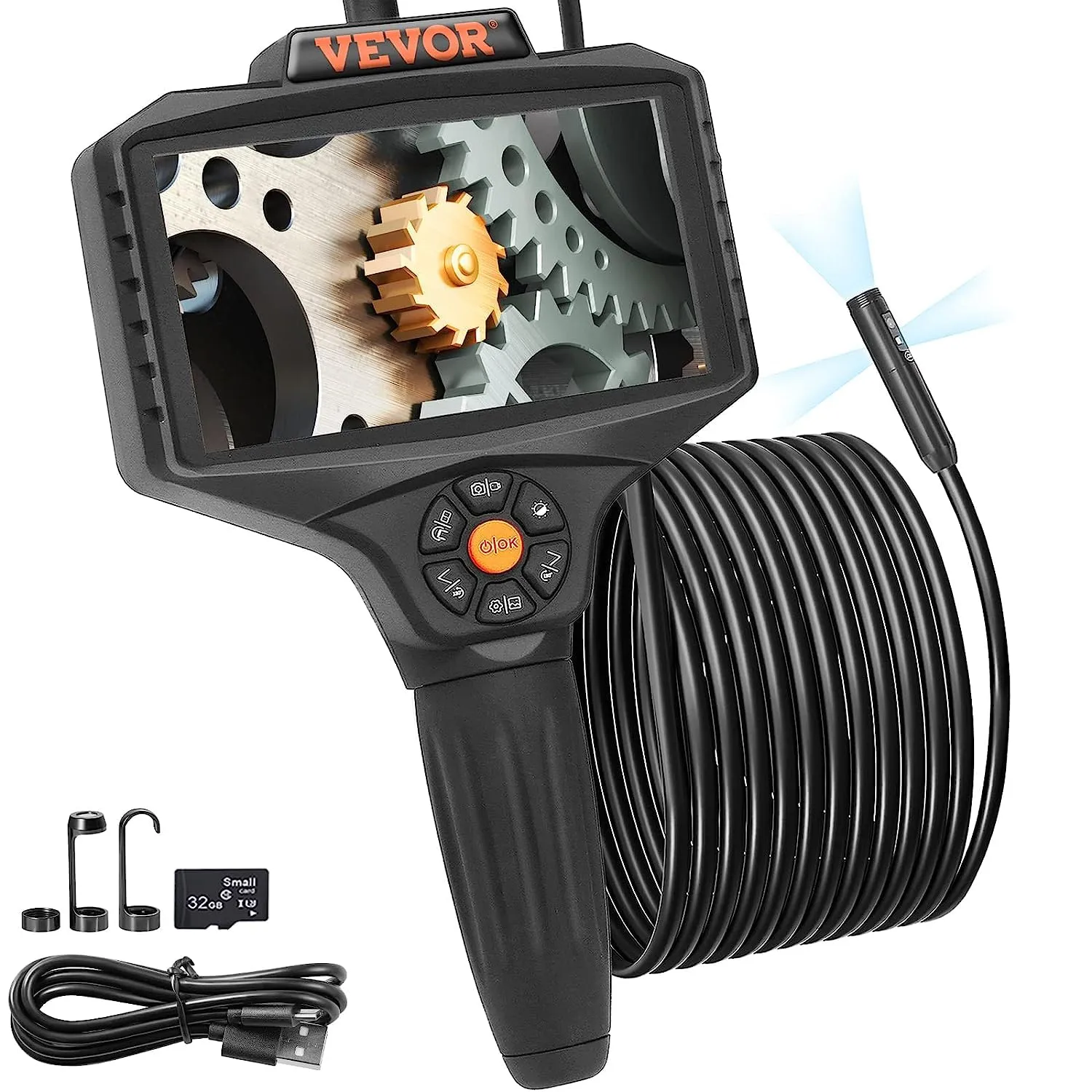 VEVOR Telecamera a Endoscopio Lente Tripla Schermo 5 Pollici IPS Batteria 5-6 ore Cavo 5m, Telecamera di Ispezione a Endoscopio Zoom Digitale 5x Risoluzione 854 x 480, Kit Portatile 5 Modalità Visiva