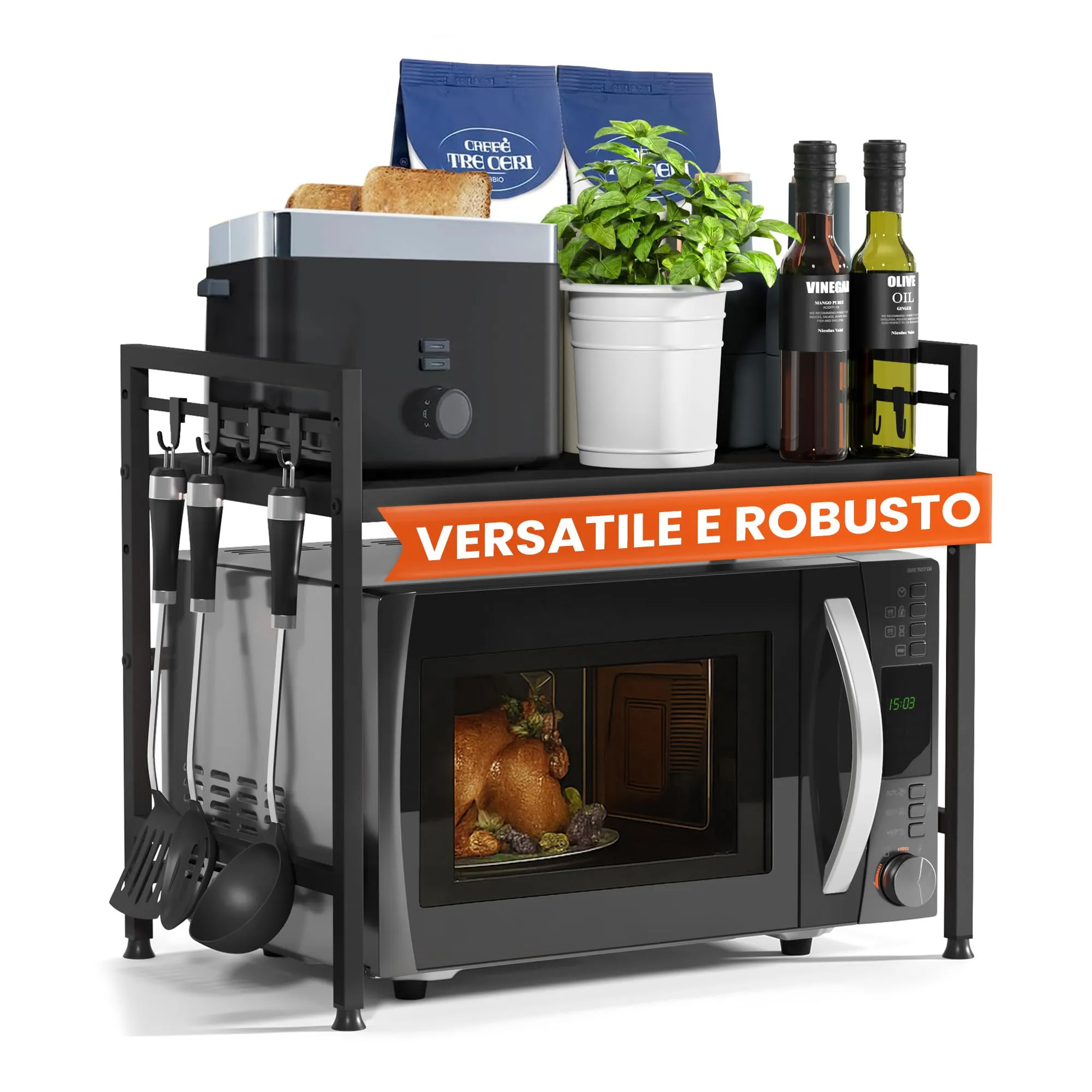 Heldenwunder Mensola MobileCucina Salvaspazio Acciaio (2 Ripiani) | Organizer Forno Mobiletto Scaffali | Supporto Microonde Regolabile + Video Guida, Ganci – Nero