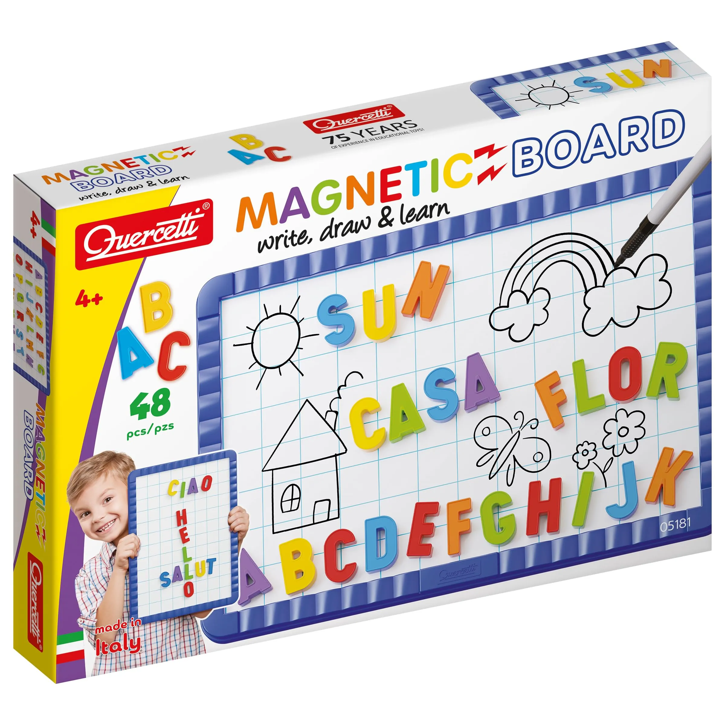 Quercetti Magnetino Letters Basic, Lavagna Magnetica per Bambini con 48 Lettere Magnetiche per Bambini, Gioco Educativo 4 Anni, Giochi Bambini 4 Anni per Imparare l’Alfabeto, Made in Italy